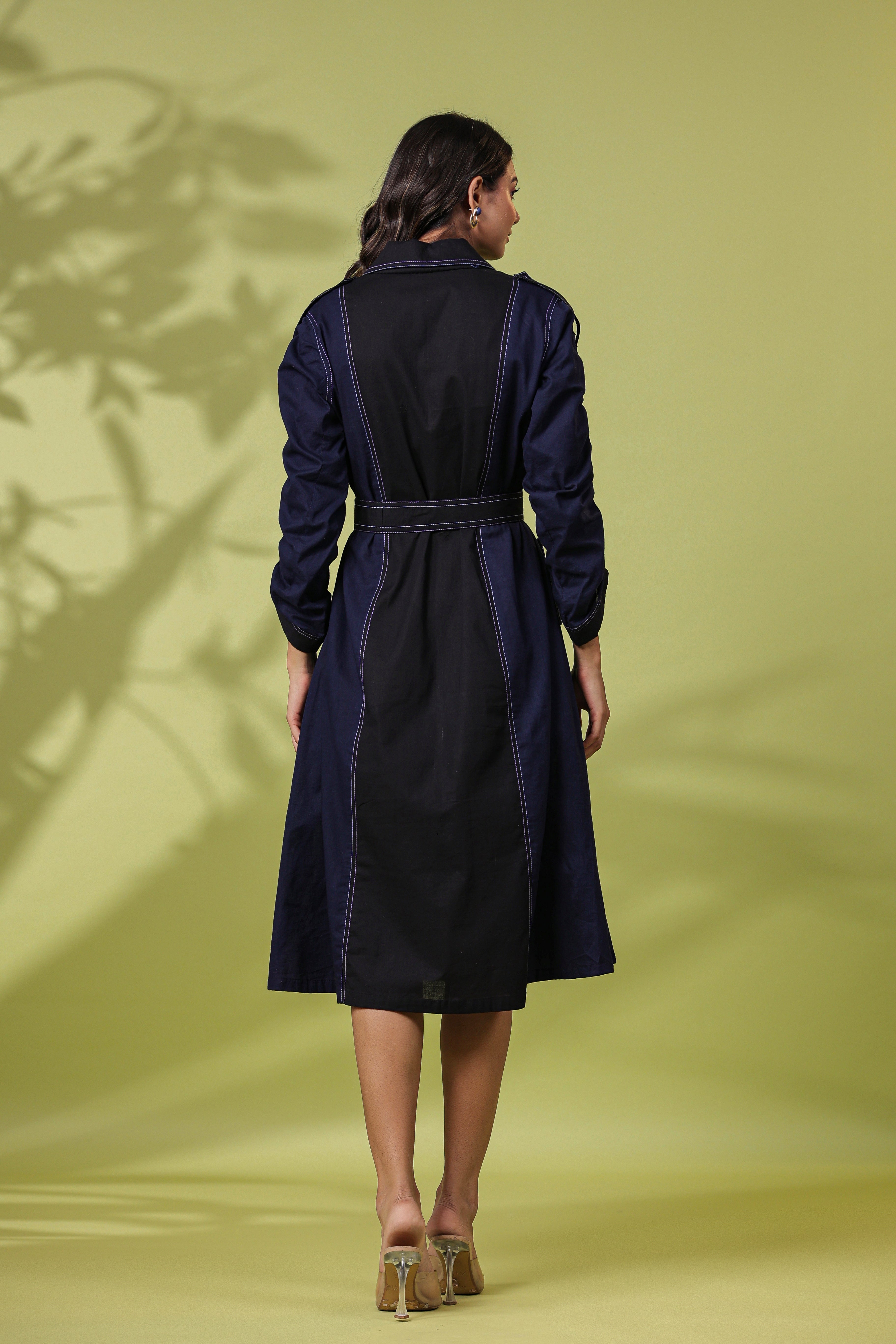 NAVY AND BLACK COLOR BLOCKED EMBROIDERED MIDI DRESS