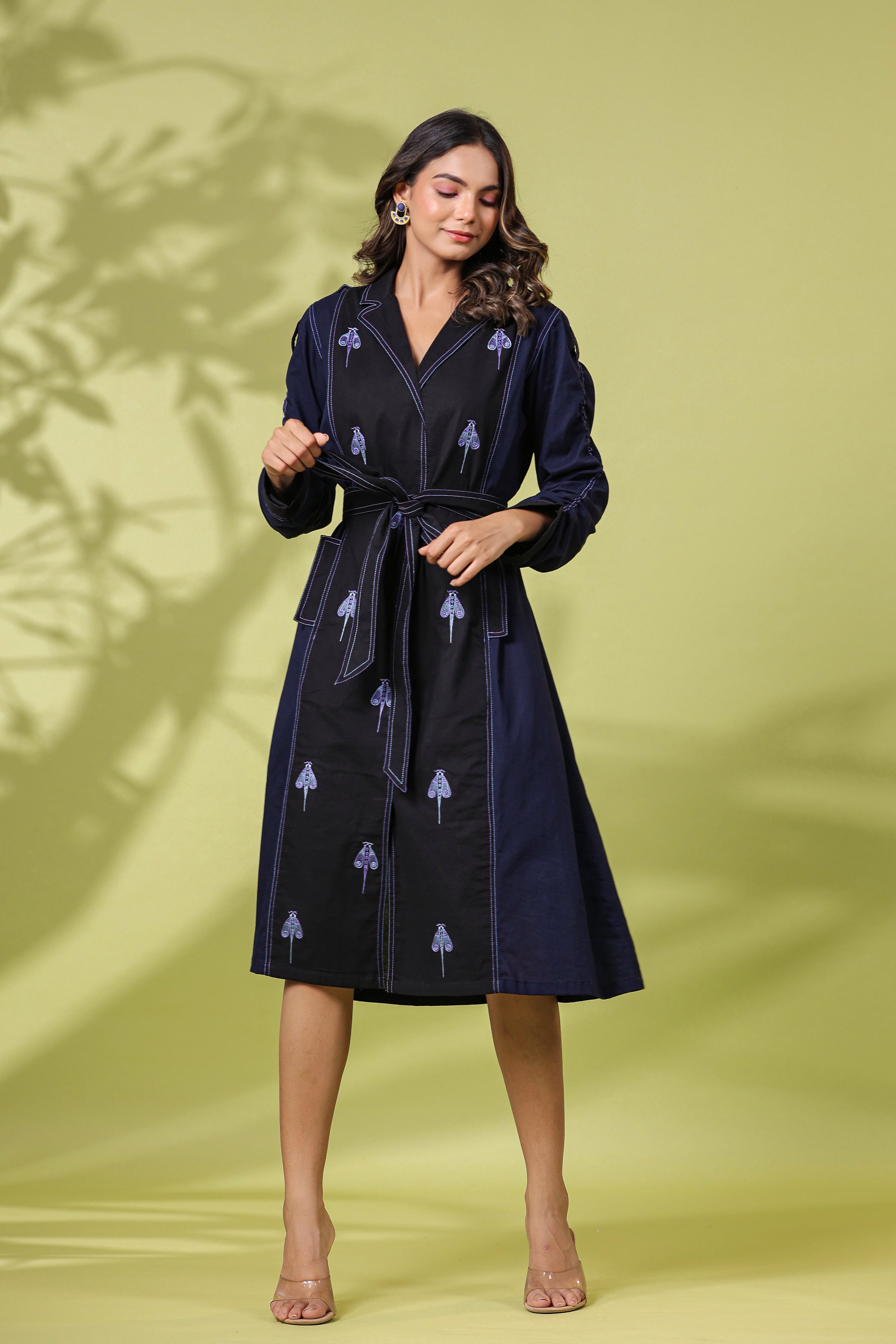 NAVY AND BLACK COLOR BLOCKED EMBROIDERED MIDI DRESS