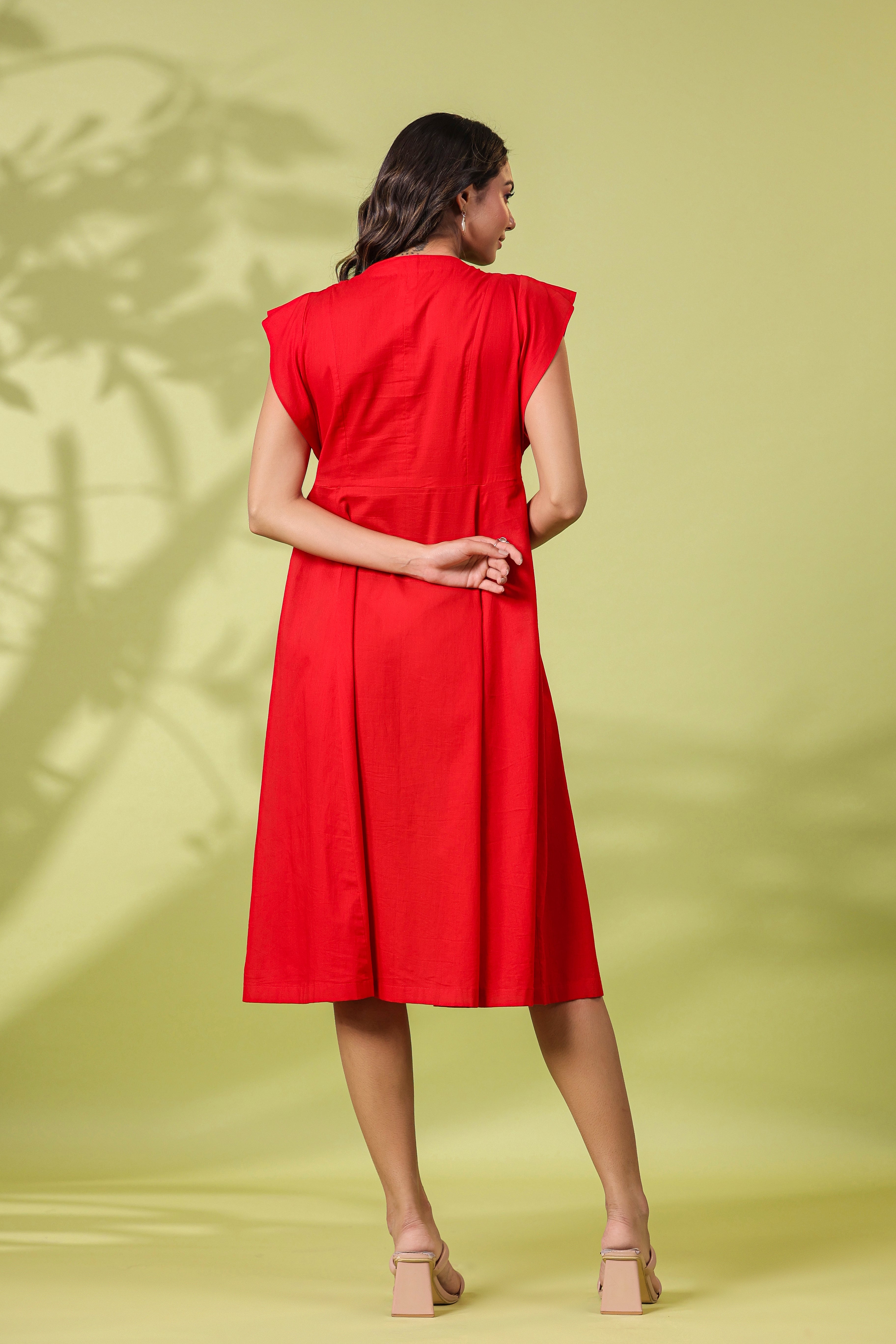 RED EMBROIDERED MIDI DRESS