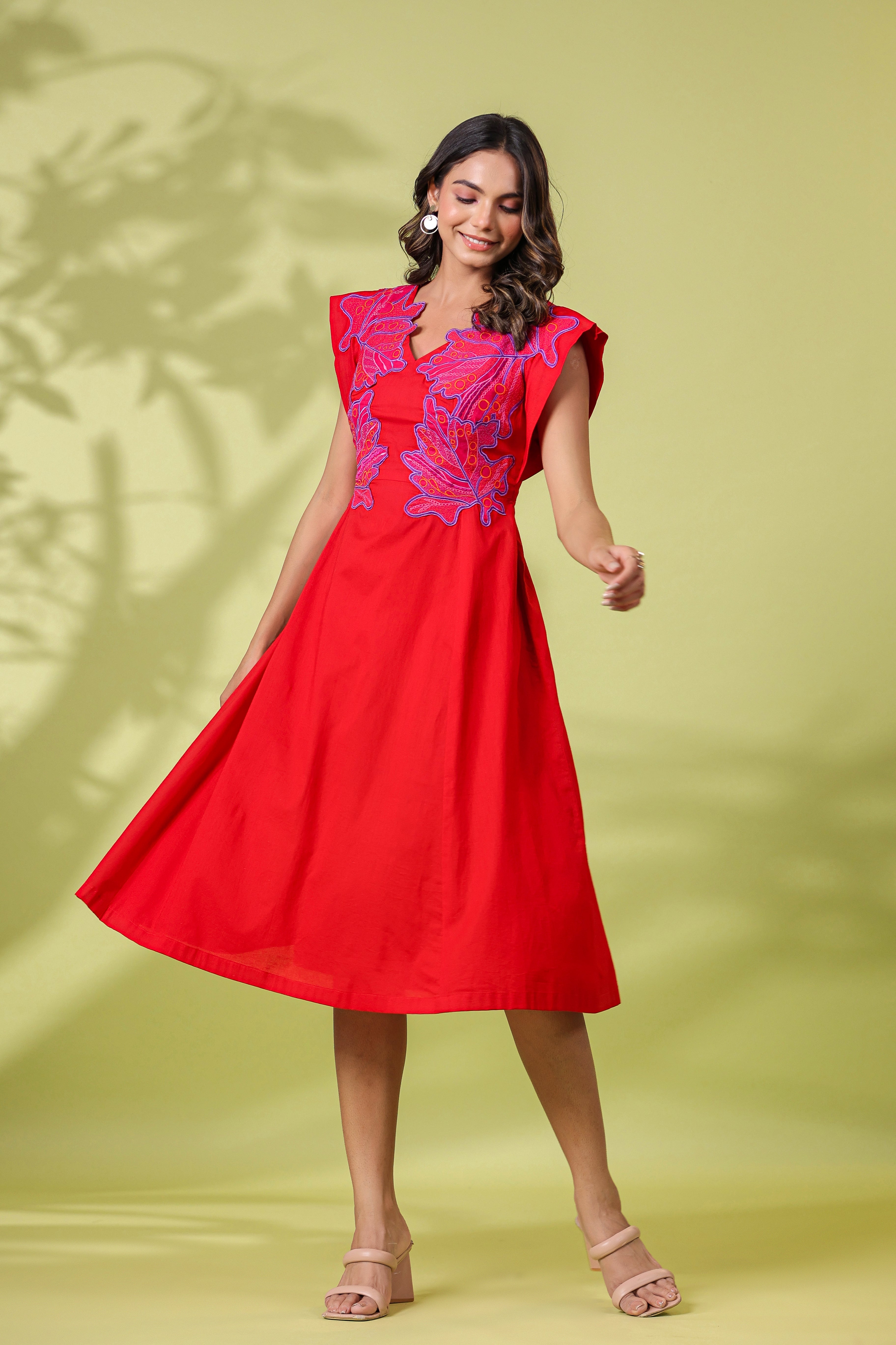 RED EMBROIDERED MIDI DRESS