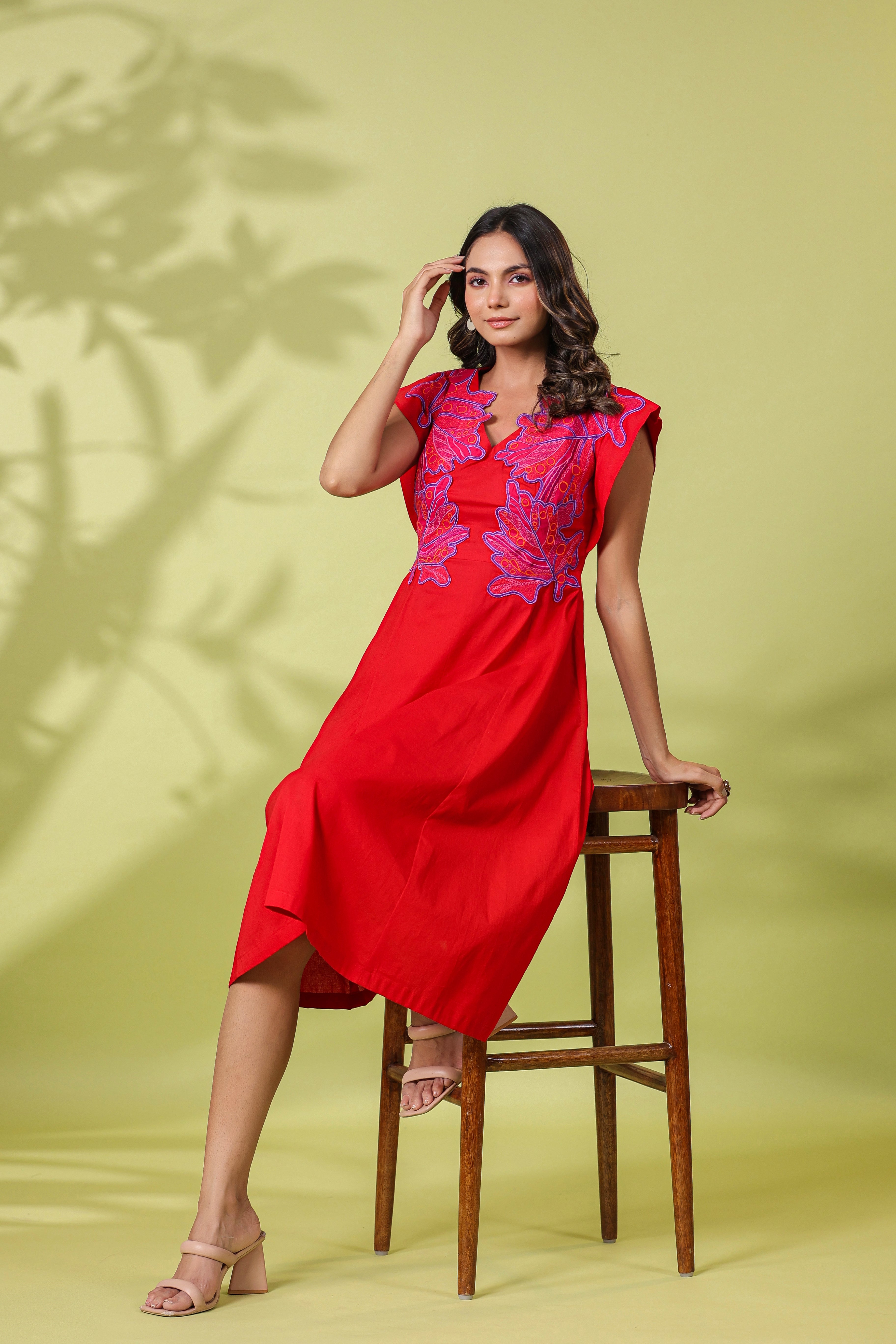 RED EMBROIDERED MIDI DRESS