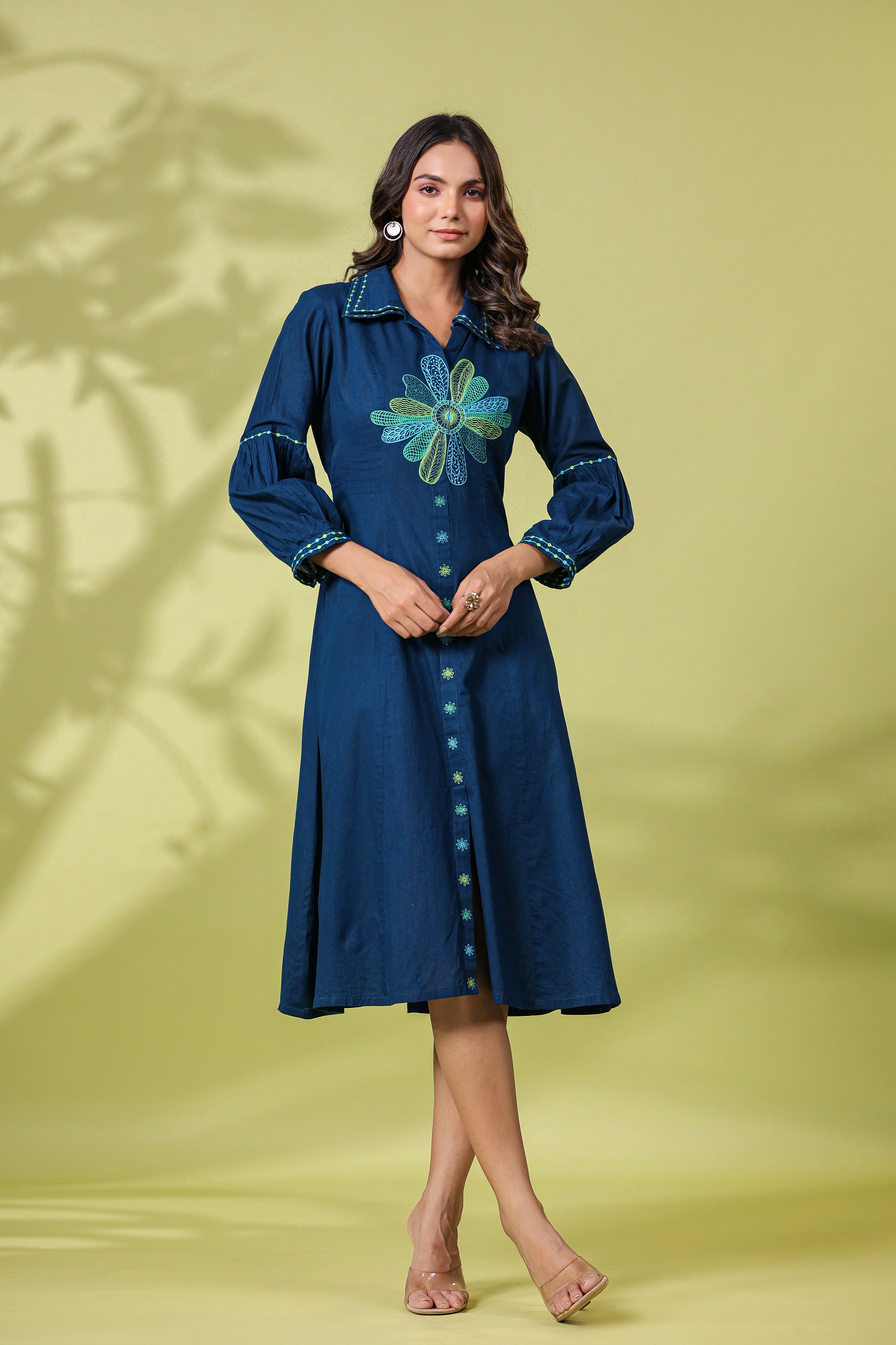 DARK TEAL FLORAL EMBROIDERED MIDI DRESS