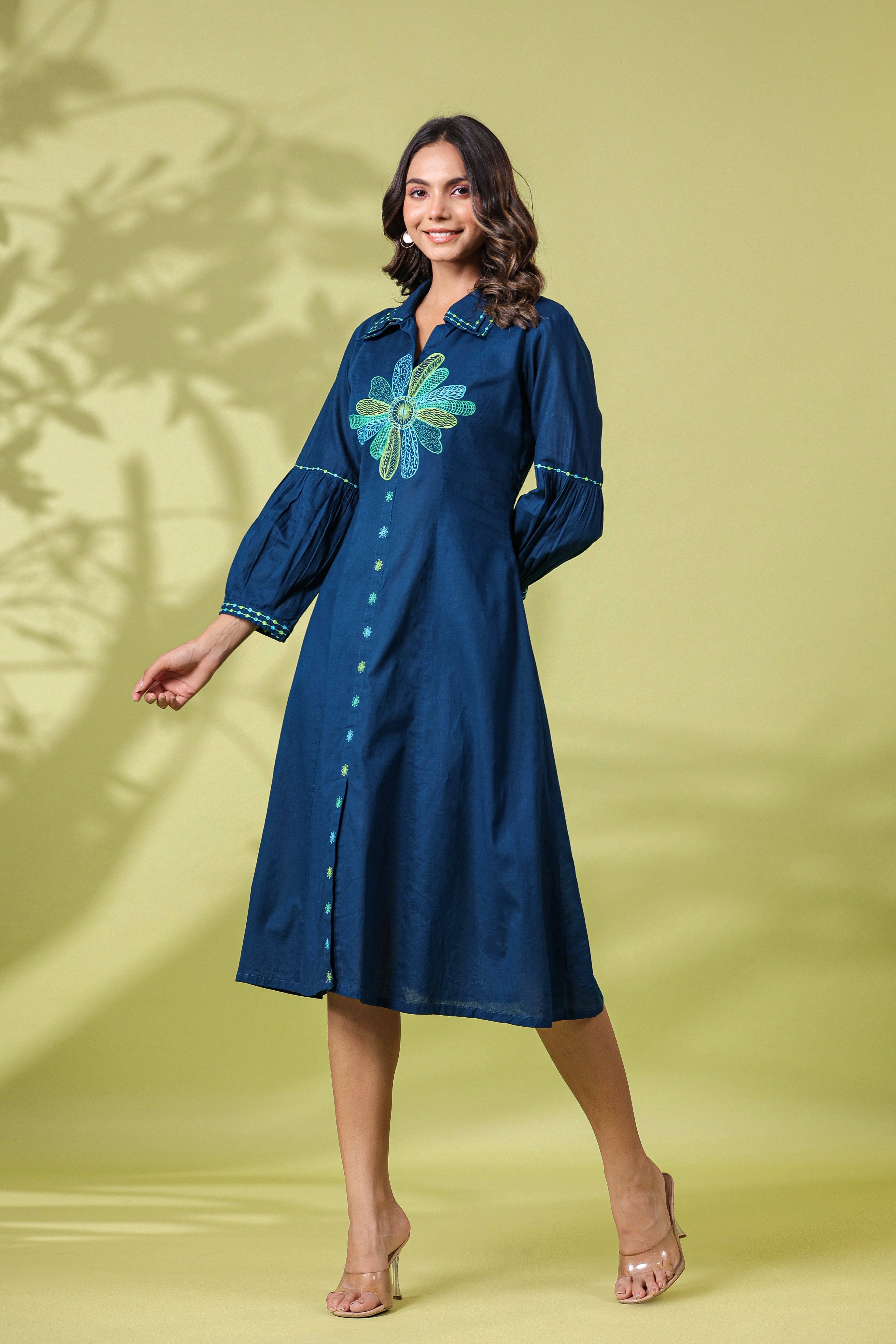 DARK TEAL FLORAL EMBROIDERED MIDI DRESS