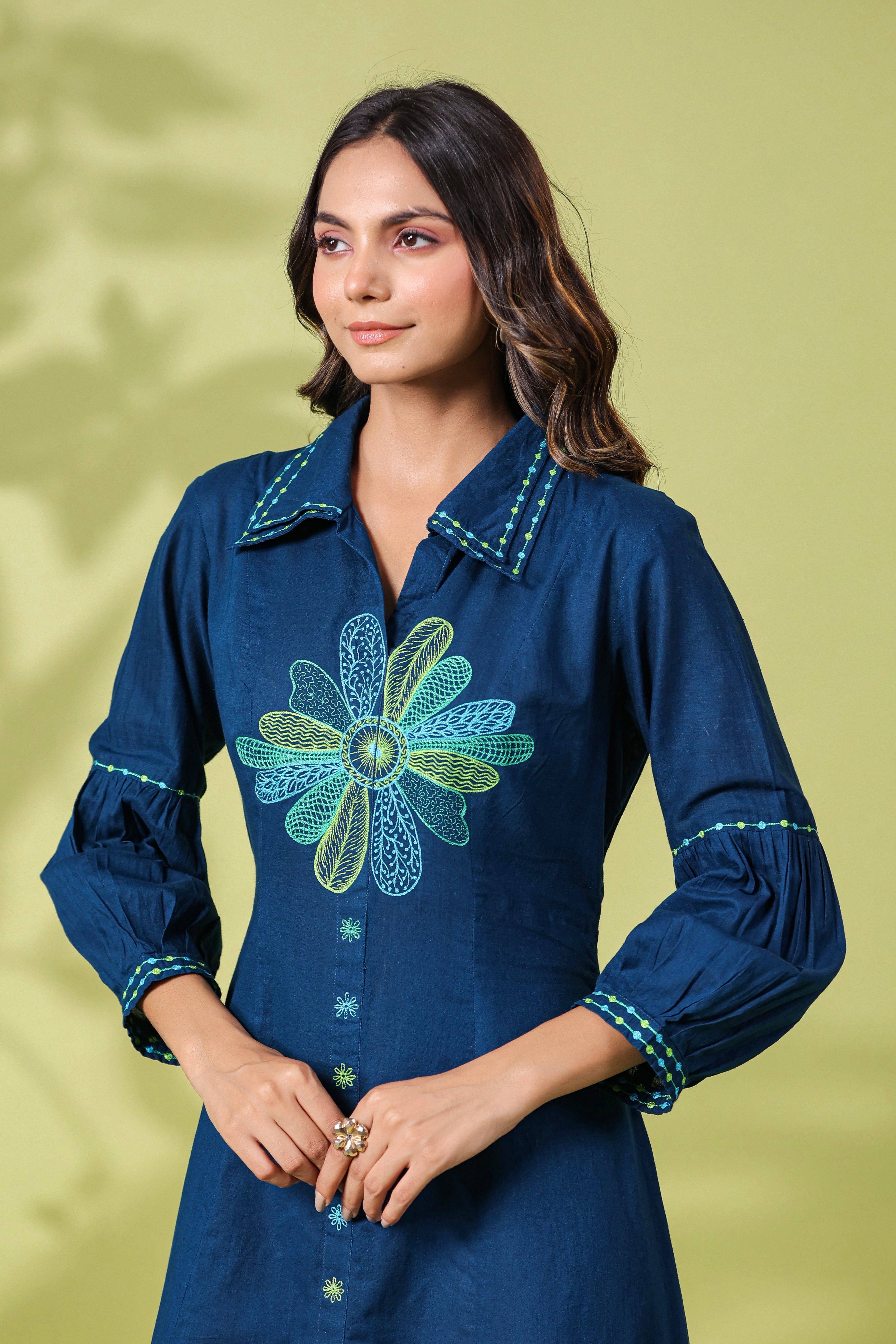 DARK TEAL FLORAL EMBROIDERED MIDI DRESS