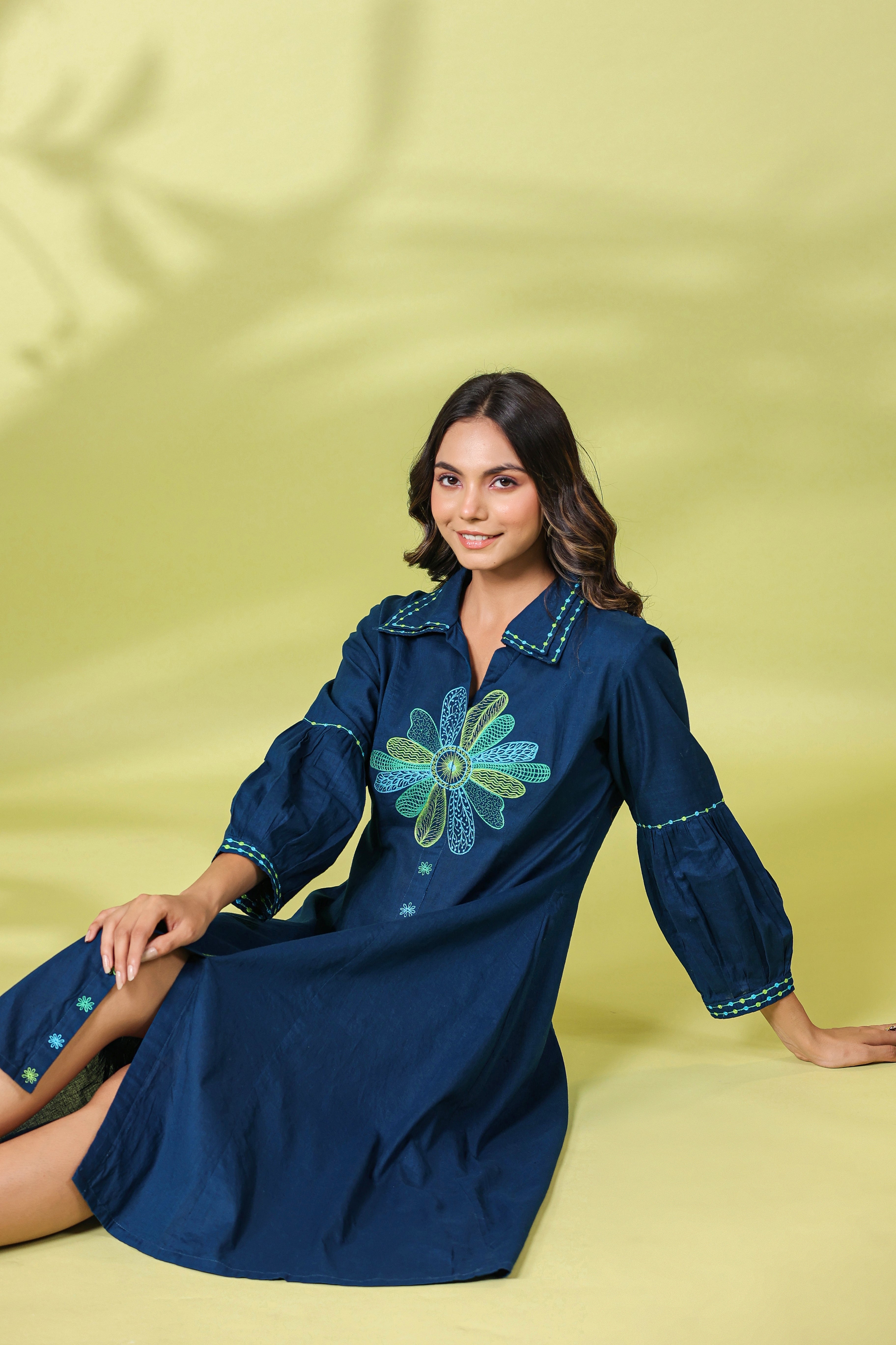 DARK TEAL FLORAL EMBROIDERED MIDI DRESS