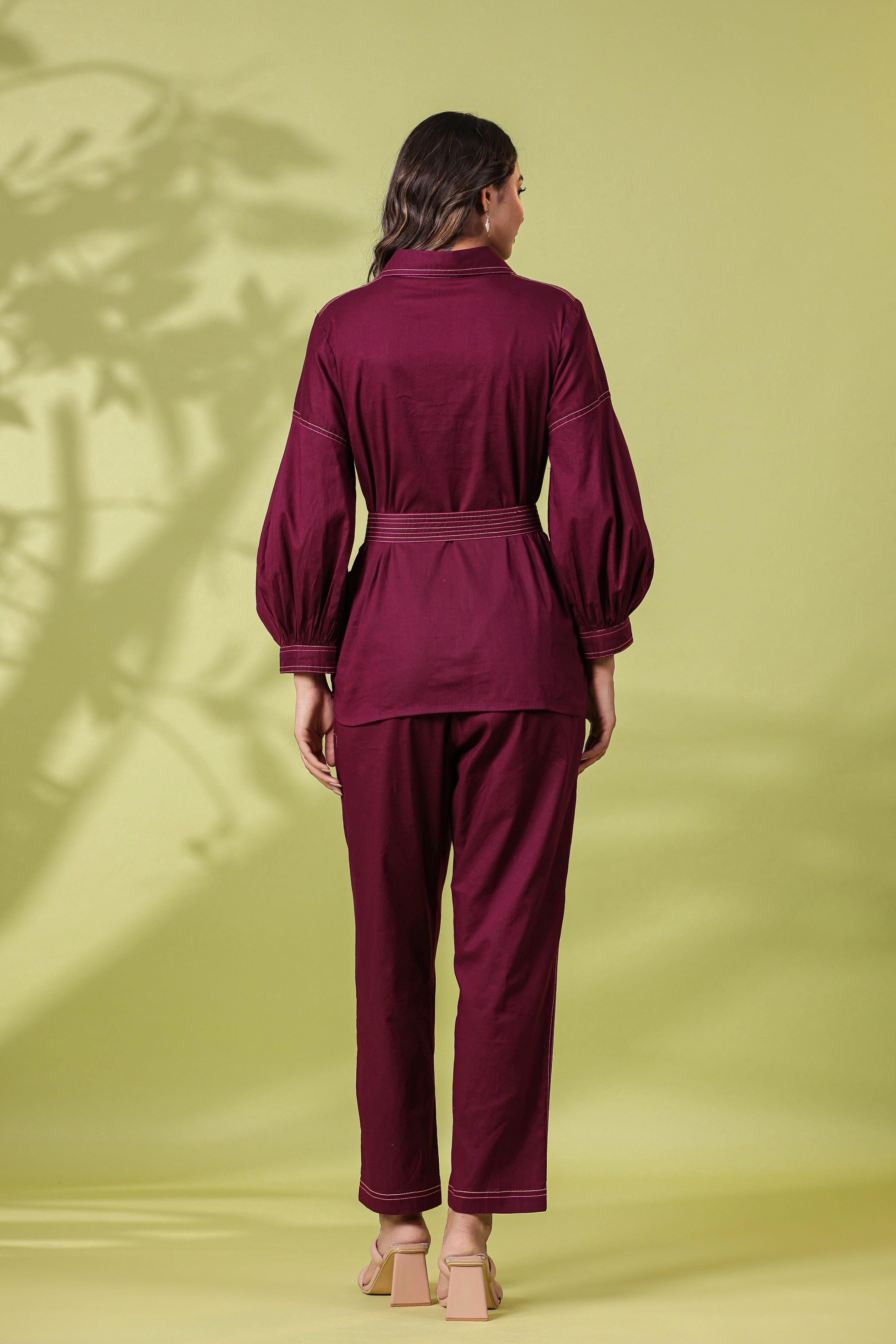 WINE CO ORD SET WITH BIRD EMBROIDERY