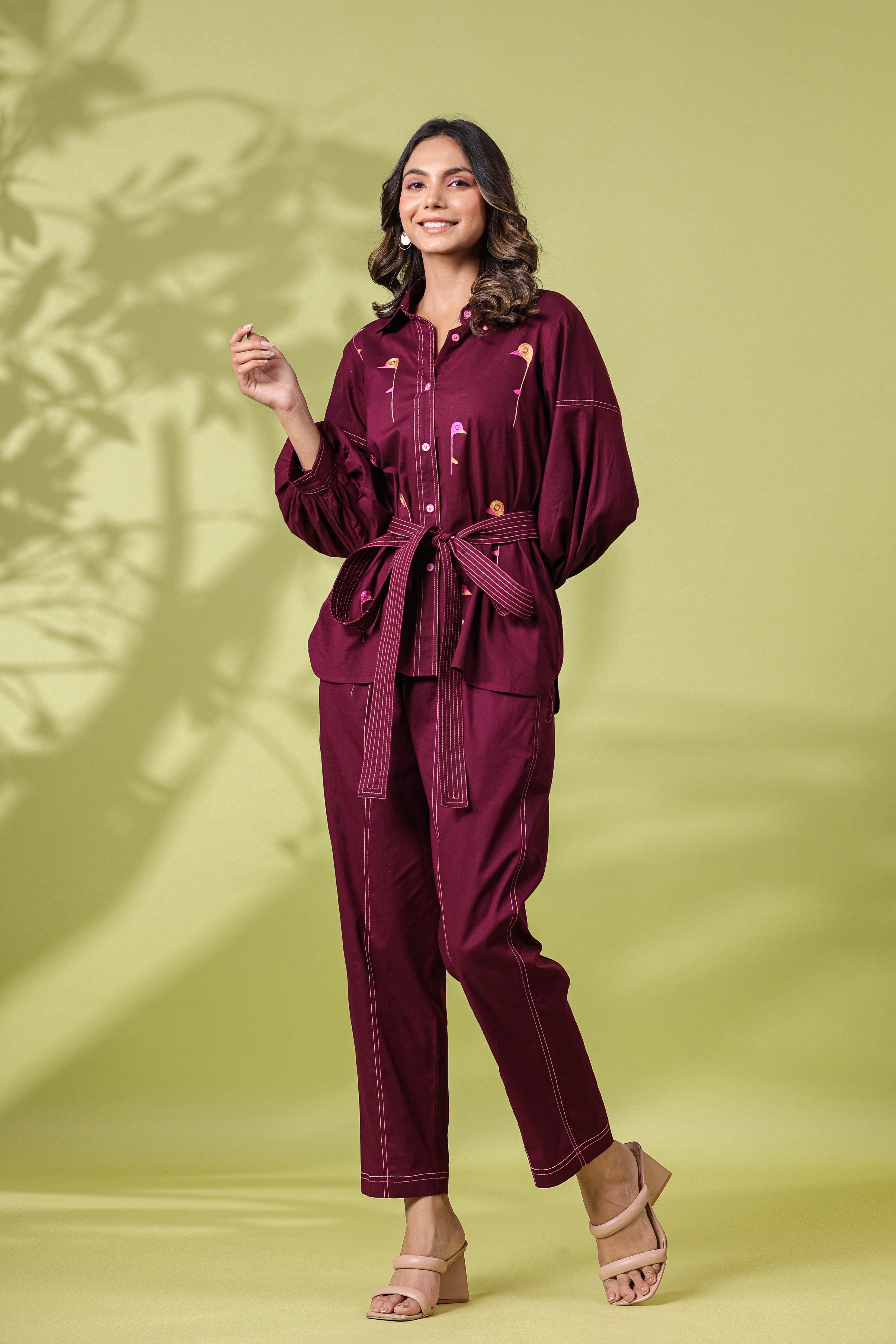 WINE CO ORD SET WITH BIRD EMBROIDERY