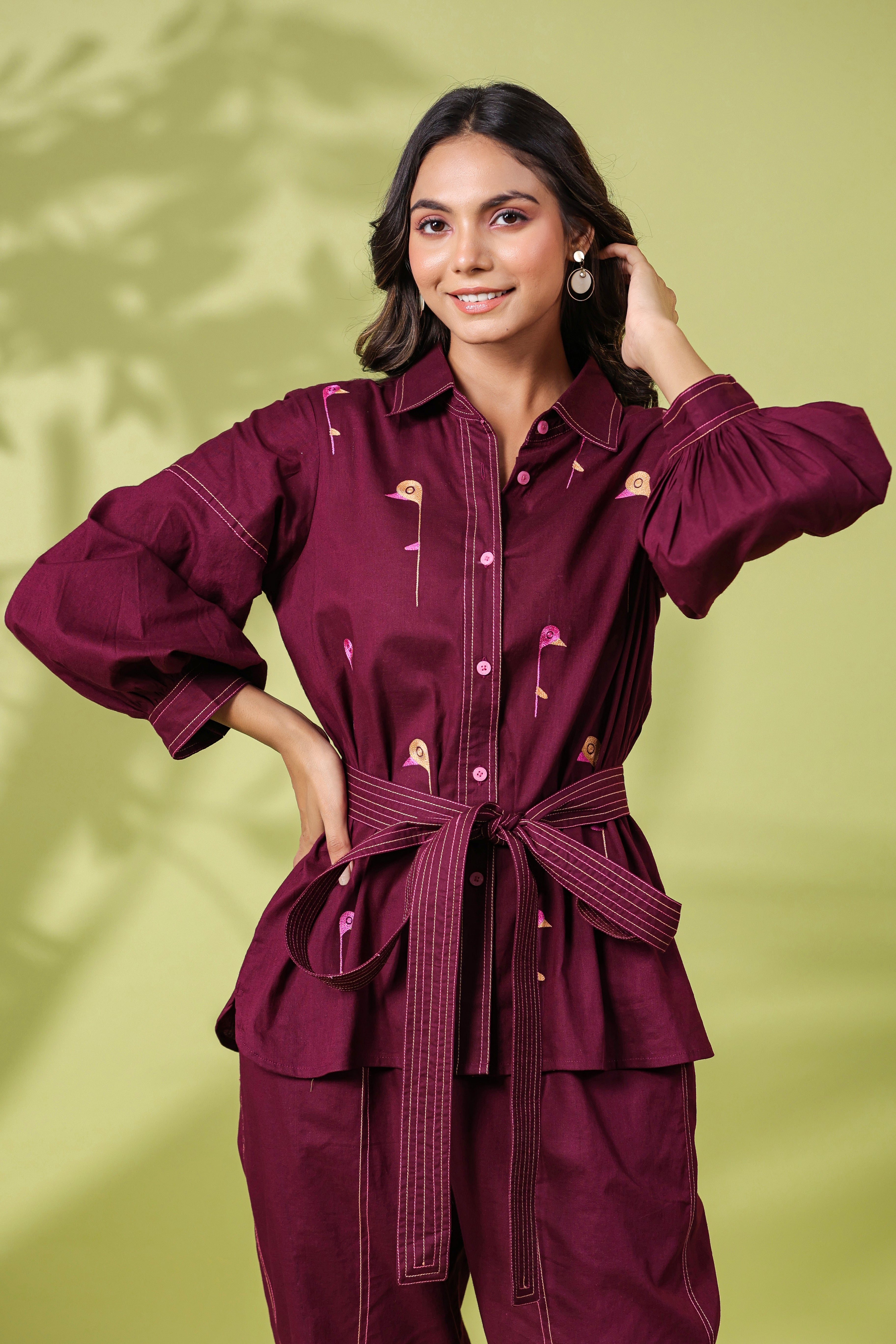 WINE CO ORD SET WITH BIRD EMBROIDERY