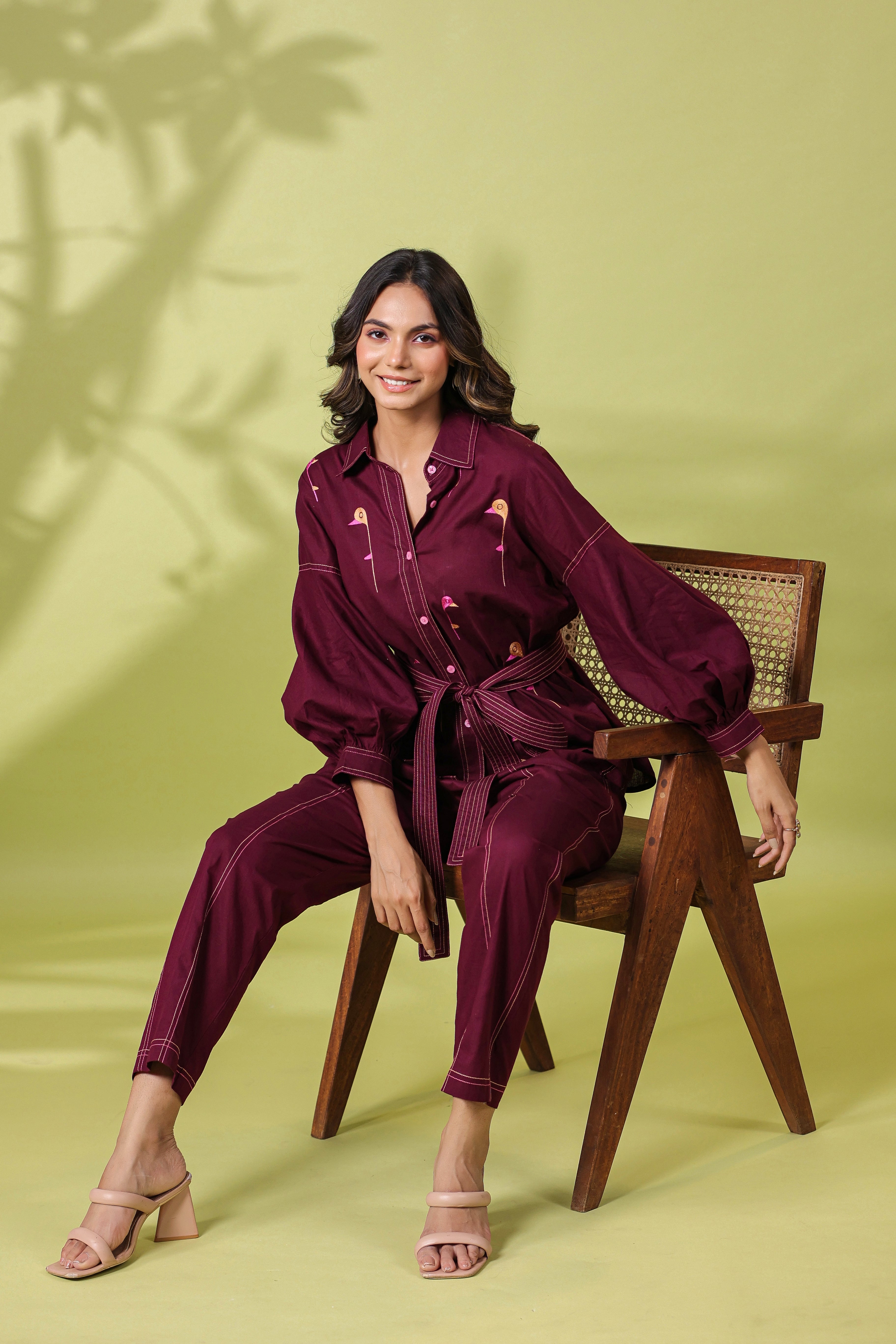 WINE CO ORD SET WITH BIRD EMBROIDERY