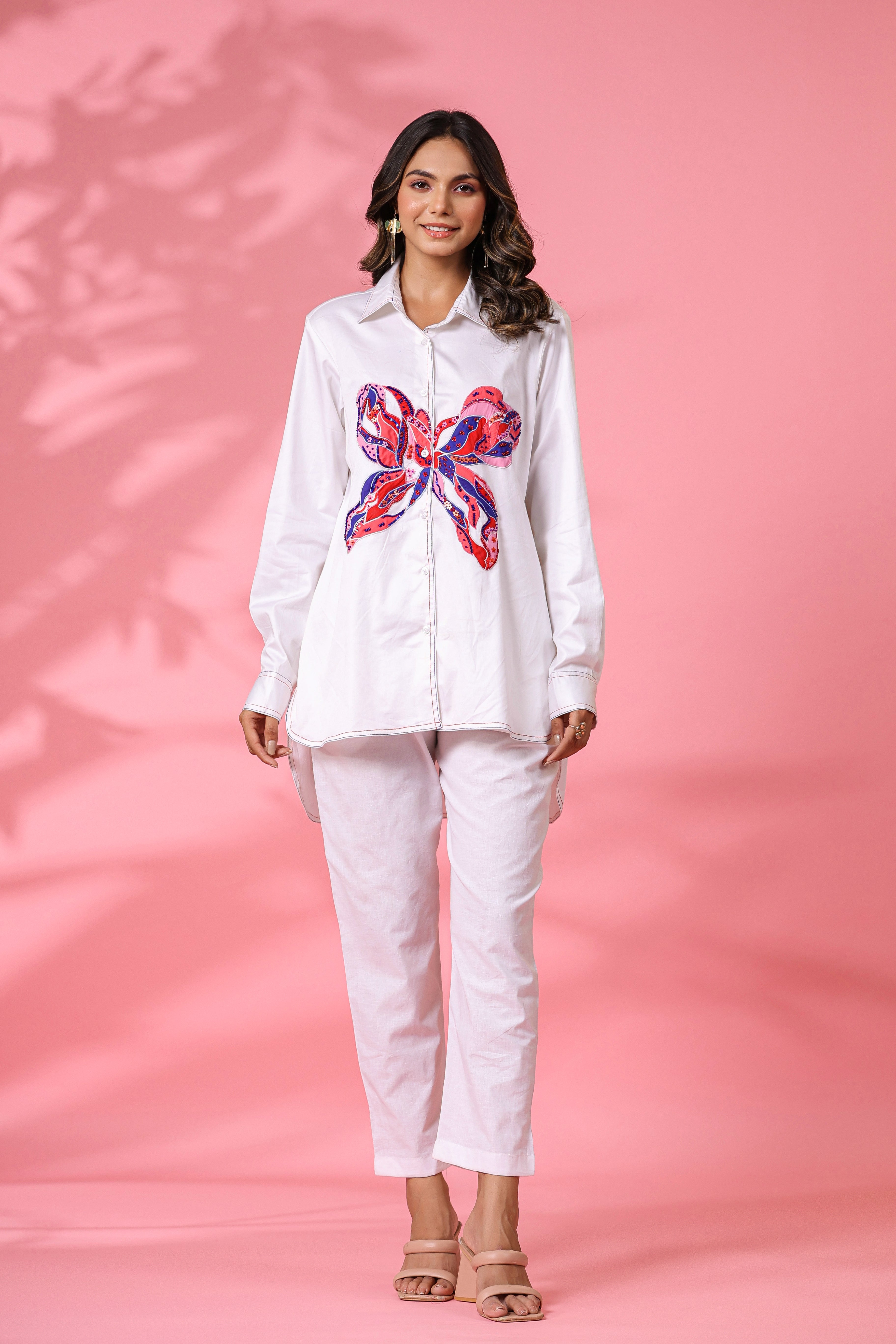 WHITE EMBELLISHED BUTTERFLY SHIRT CO ORD SET