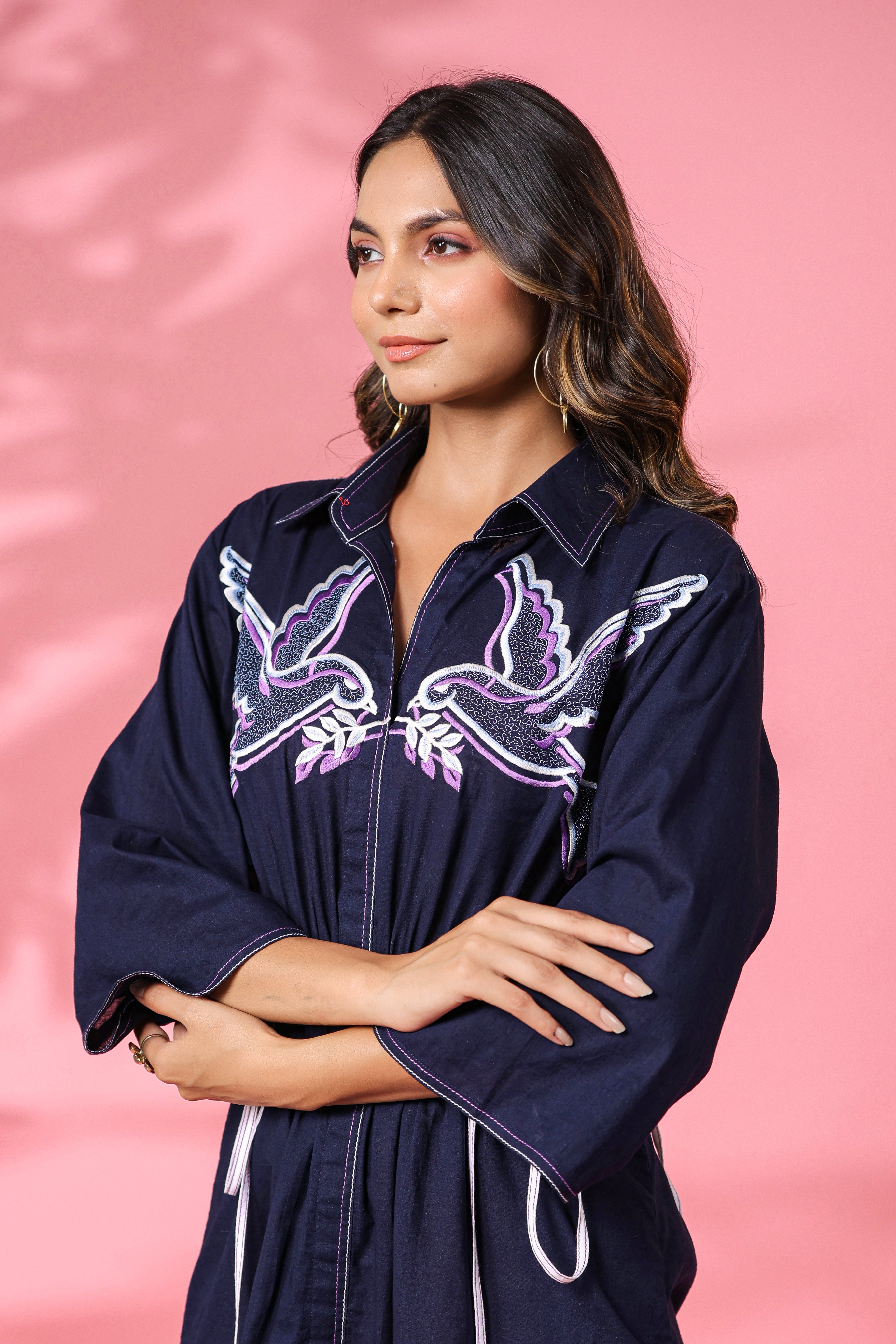 NAVY BLUE SHORT COTTON DRESS WITH BIRDS