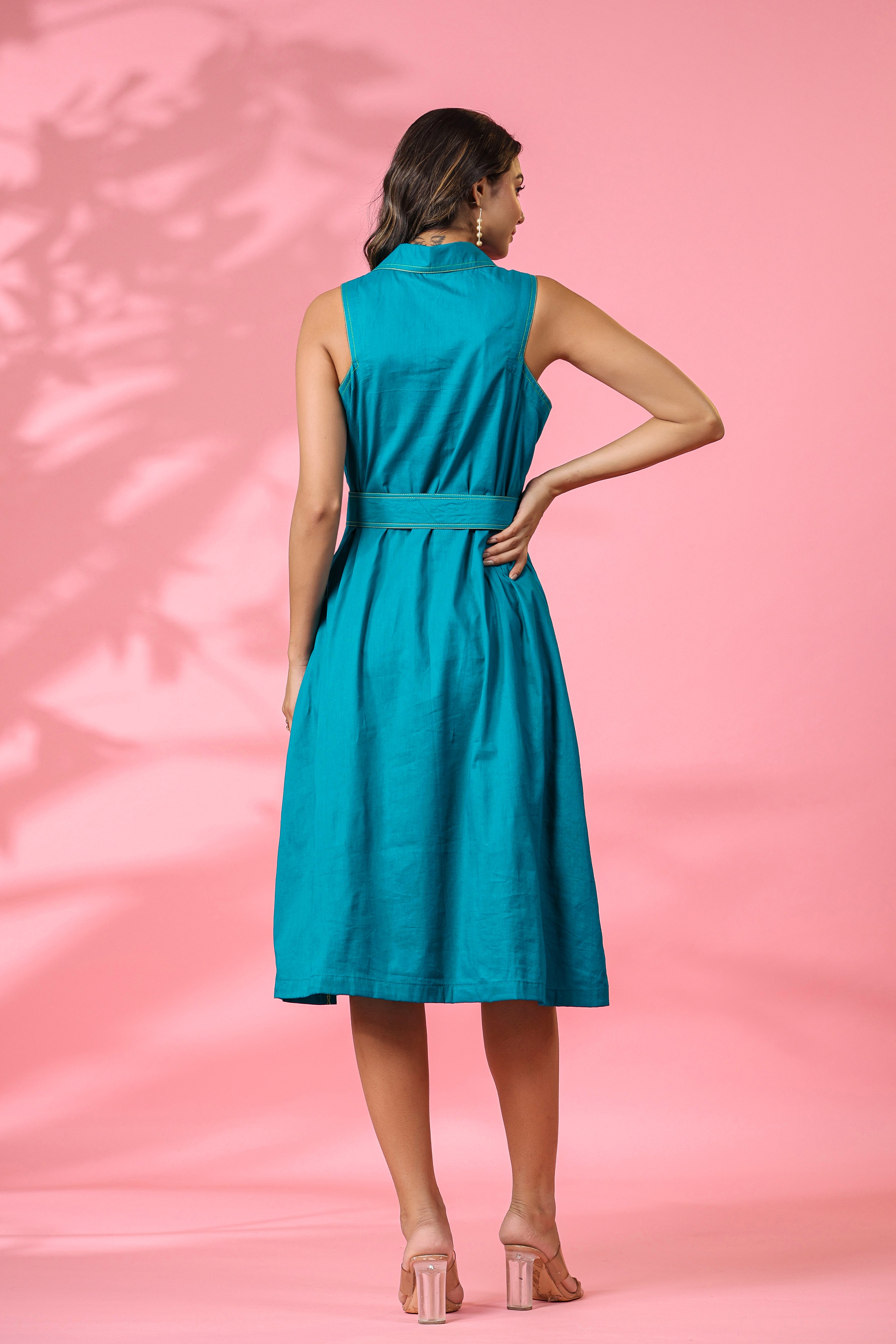 TEAL COTTON EMBROIDERED MIDI DRESS