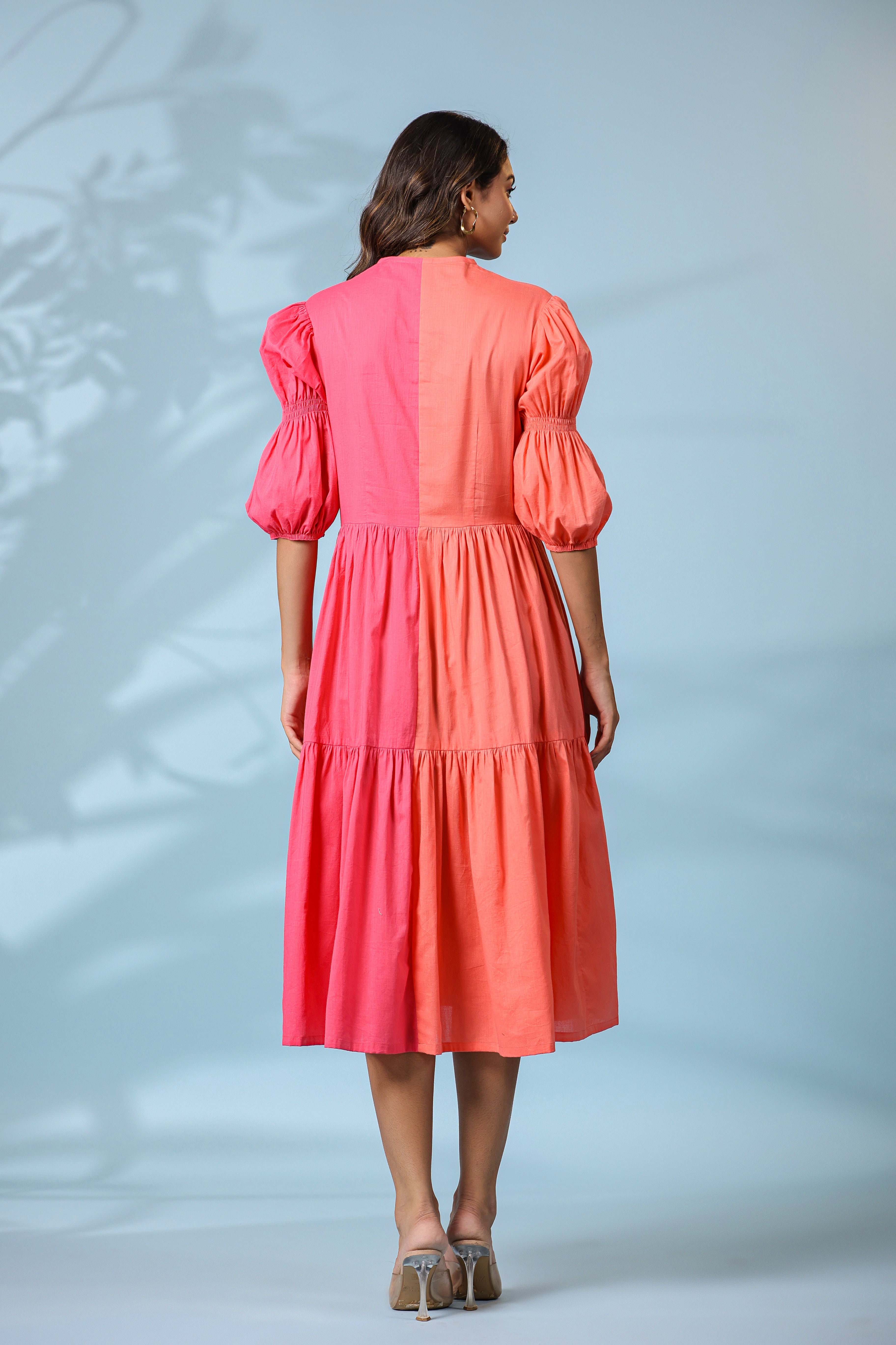 PEACH AND PINK COLOR BLOCKED BIRD EMBROIDERED MIDI DRESS