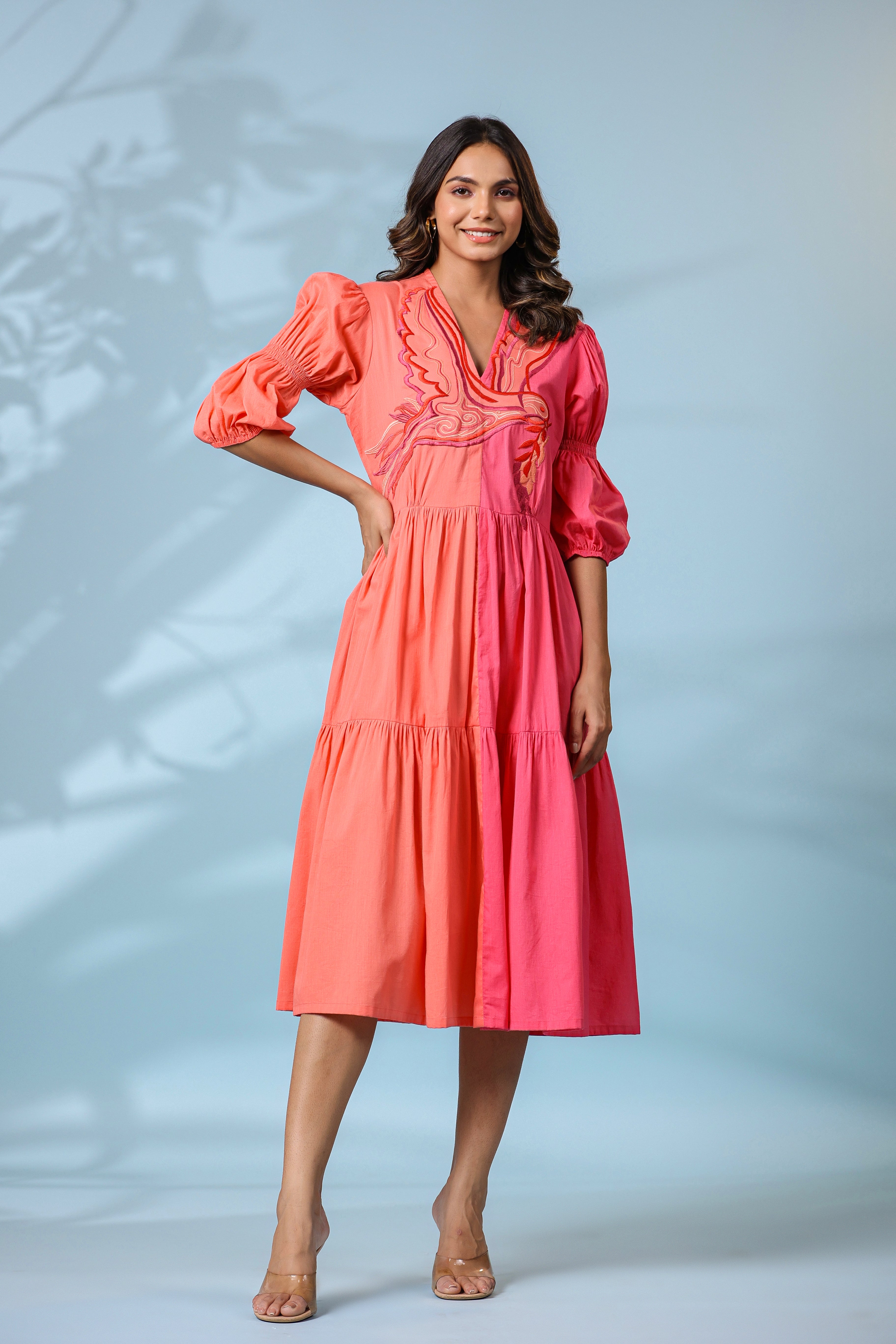 PEACH AND PINK COLOR BLOCKED BIRD EMBROIDERED MIDI DRESS