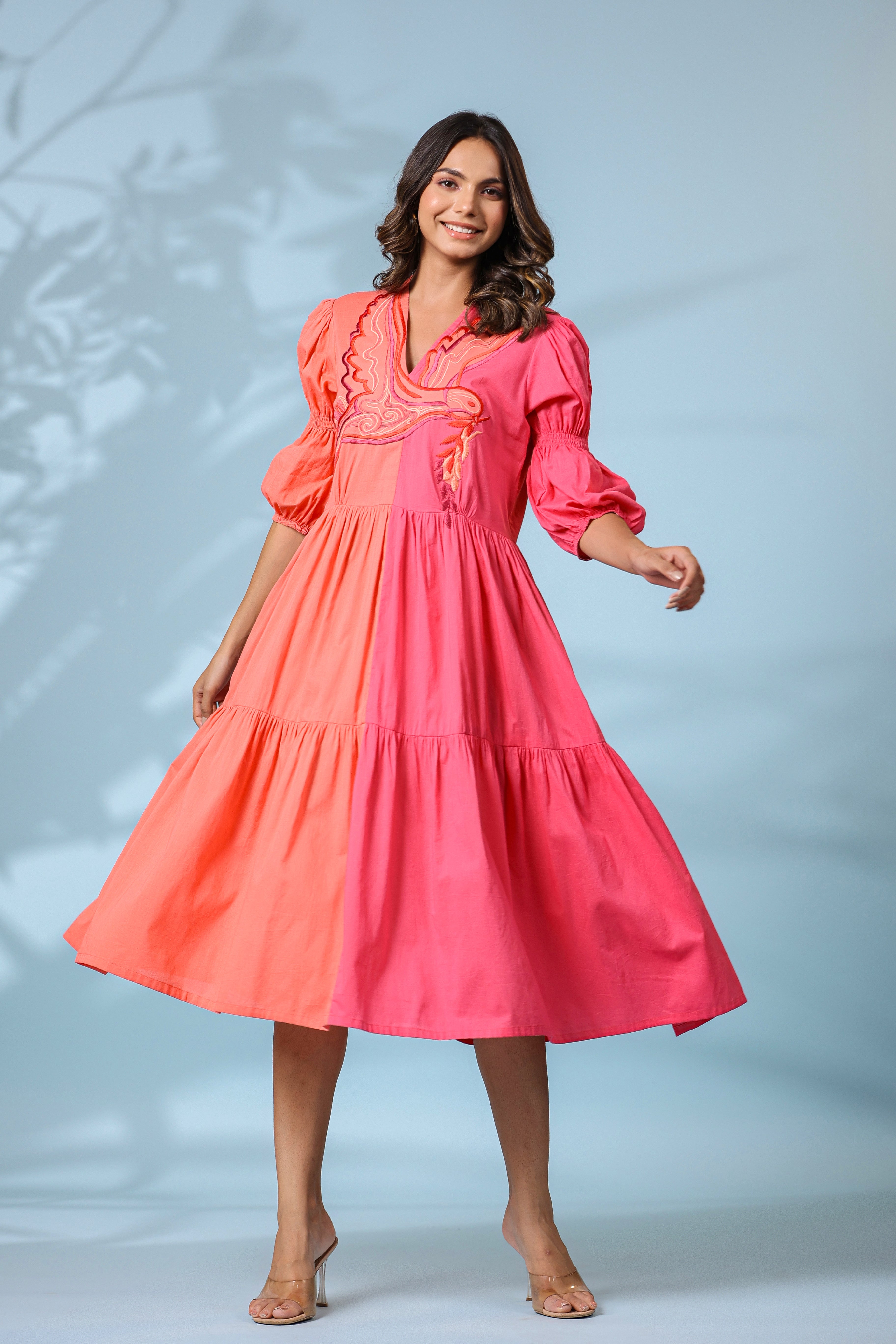 PEACH AND PINK COLOR BLOCKED BIRD EMBROIDERED MIDI DRESS
