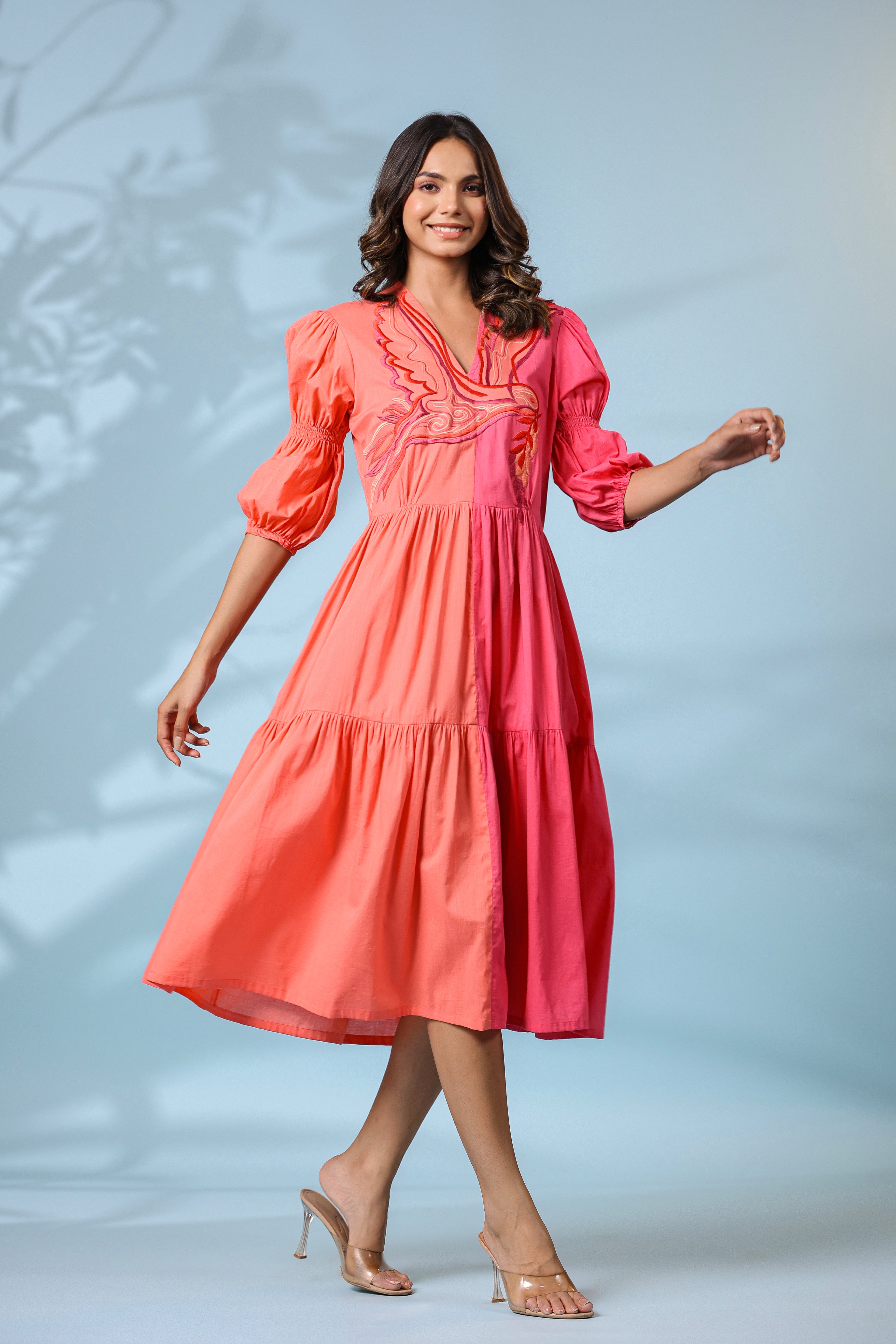 PEACH AND PINK COLOR BLOCKED BIRD EMBROIDERED MIDI DRESS