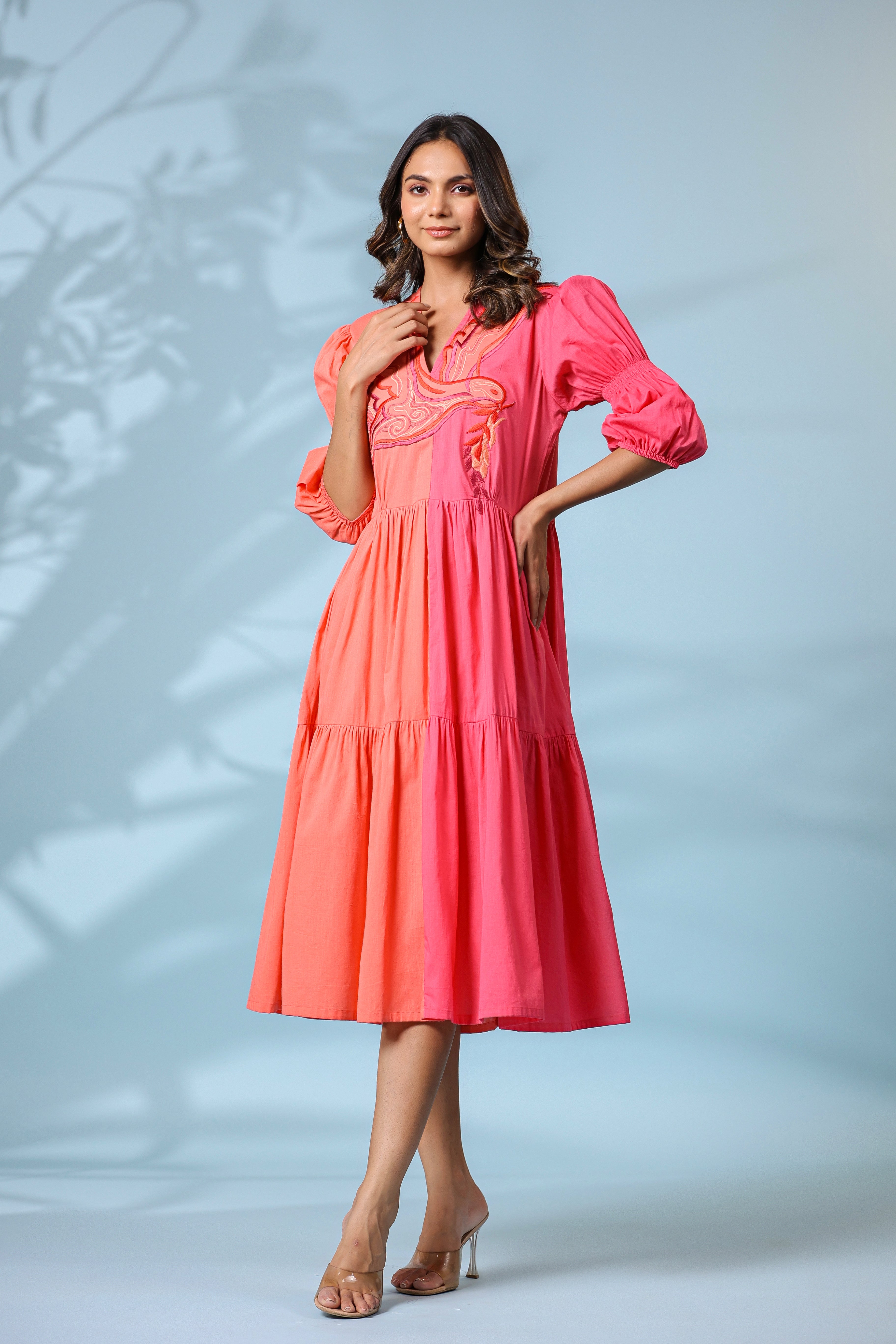 PEACH AND PINK COLOR BLOCKED BIRD EMBROIDERED MIDI DRESS