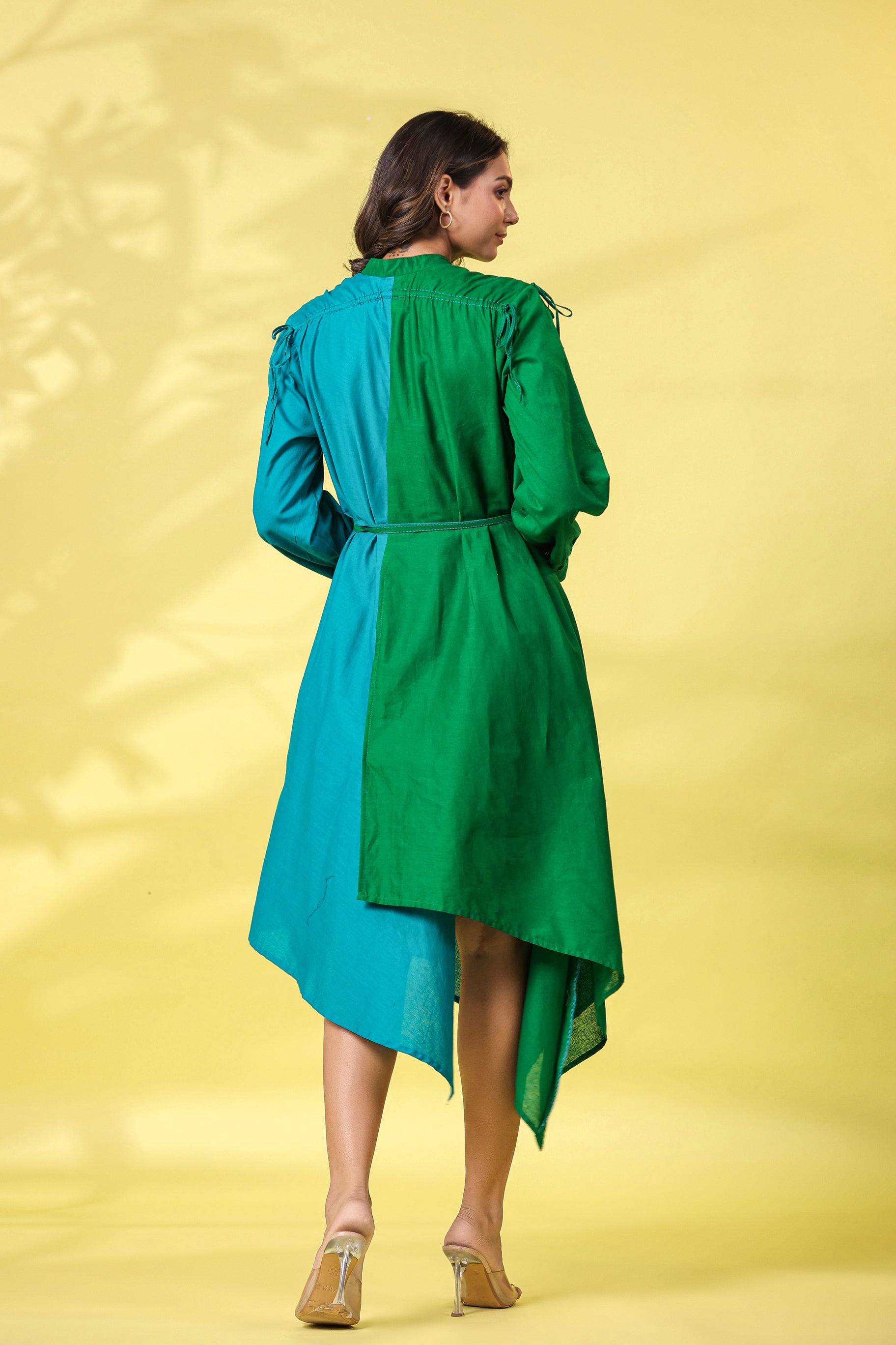 GREEN AND TEAL COLOBLOCKED HALF AND HALF ASSYMETRIC DRESS