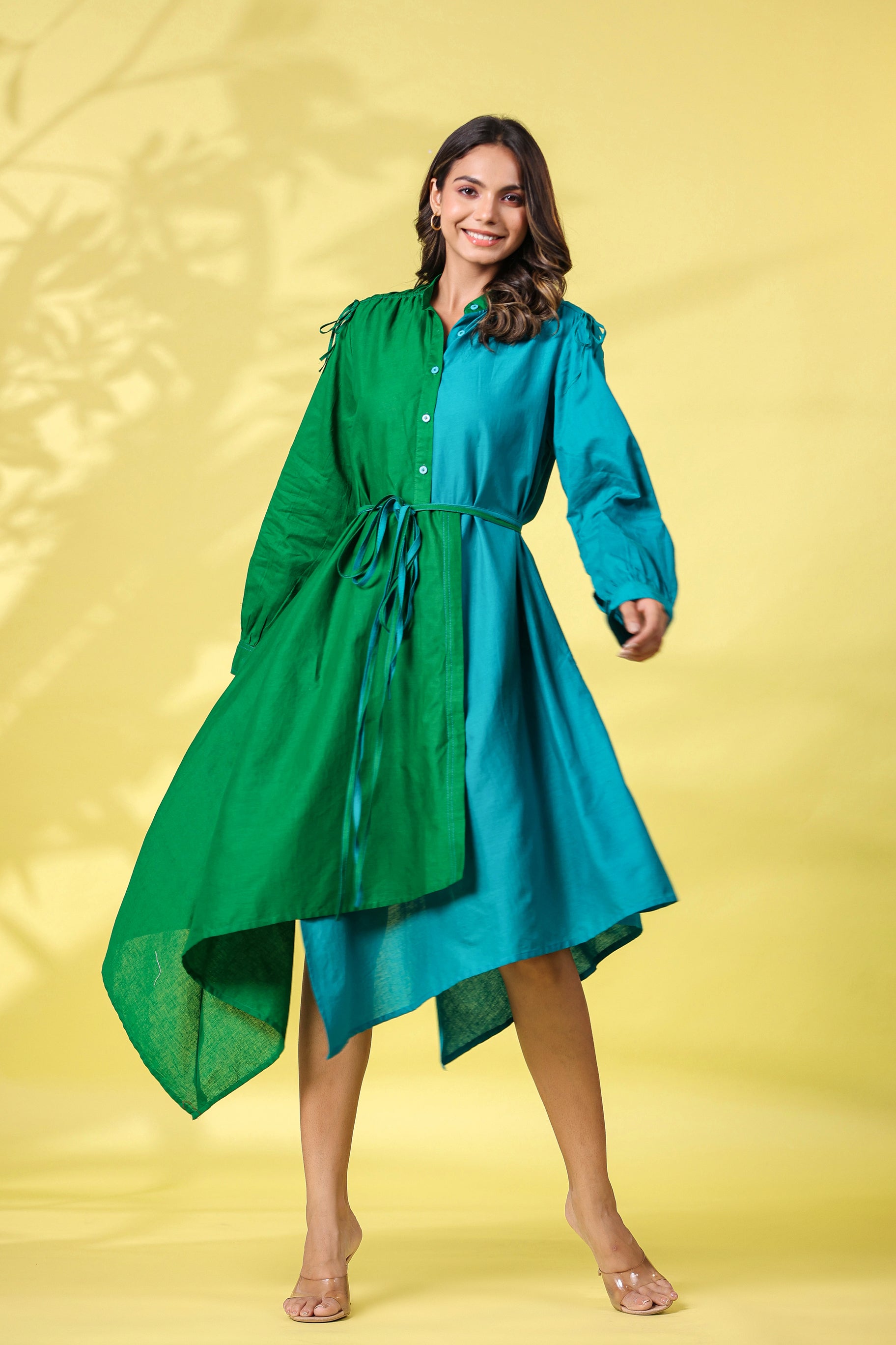 GREEN AND TEAL COLOBLOCKED HALF AND HALF ASSYMETRIC DRESS