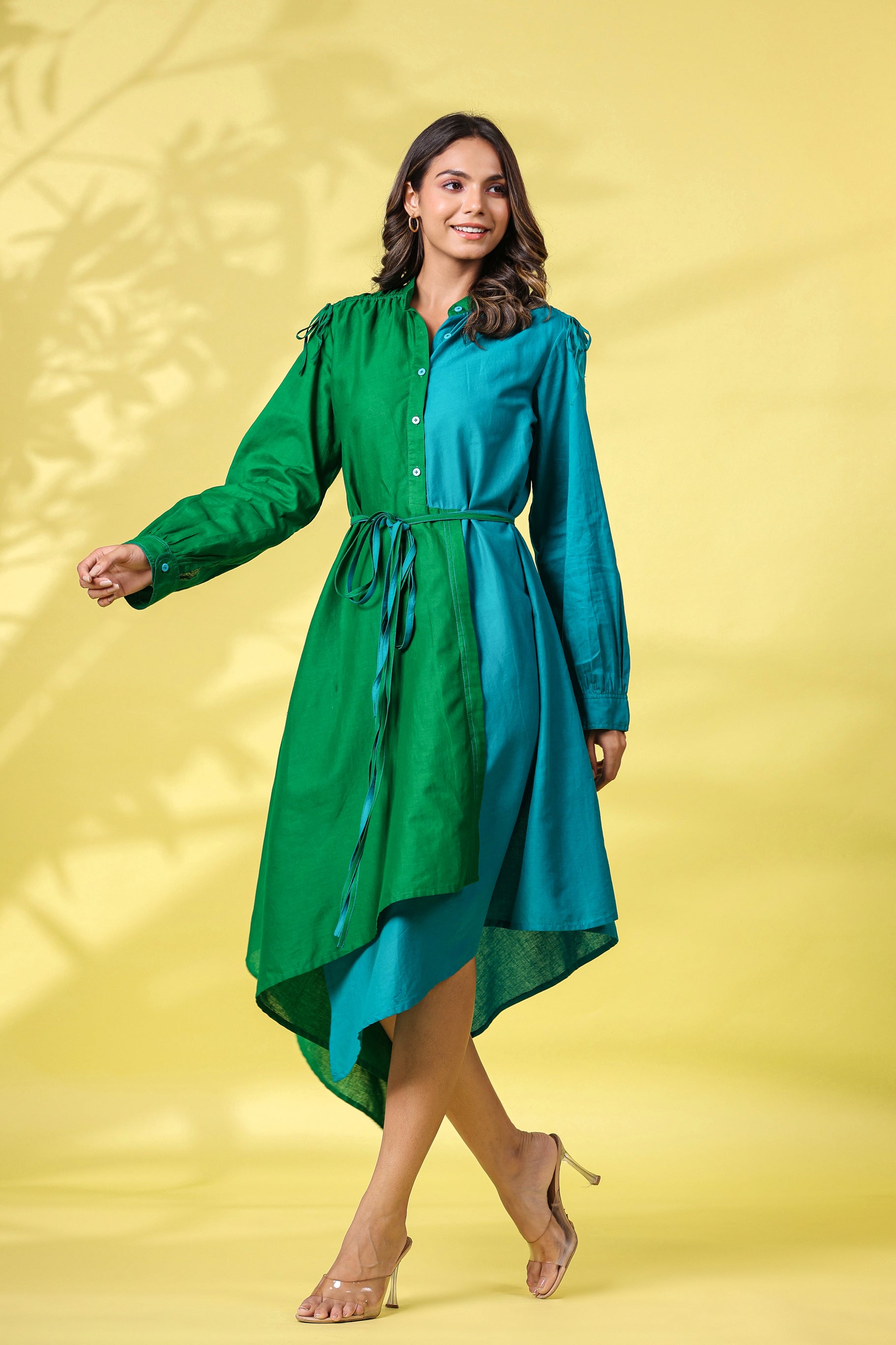 GREEN AND TEAL COLOBLOCKED HALF AND HALF ASSYMETRIC DRESS