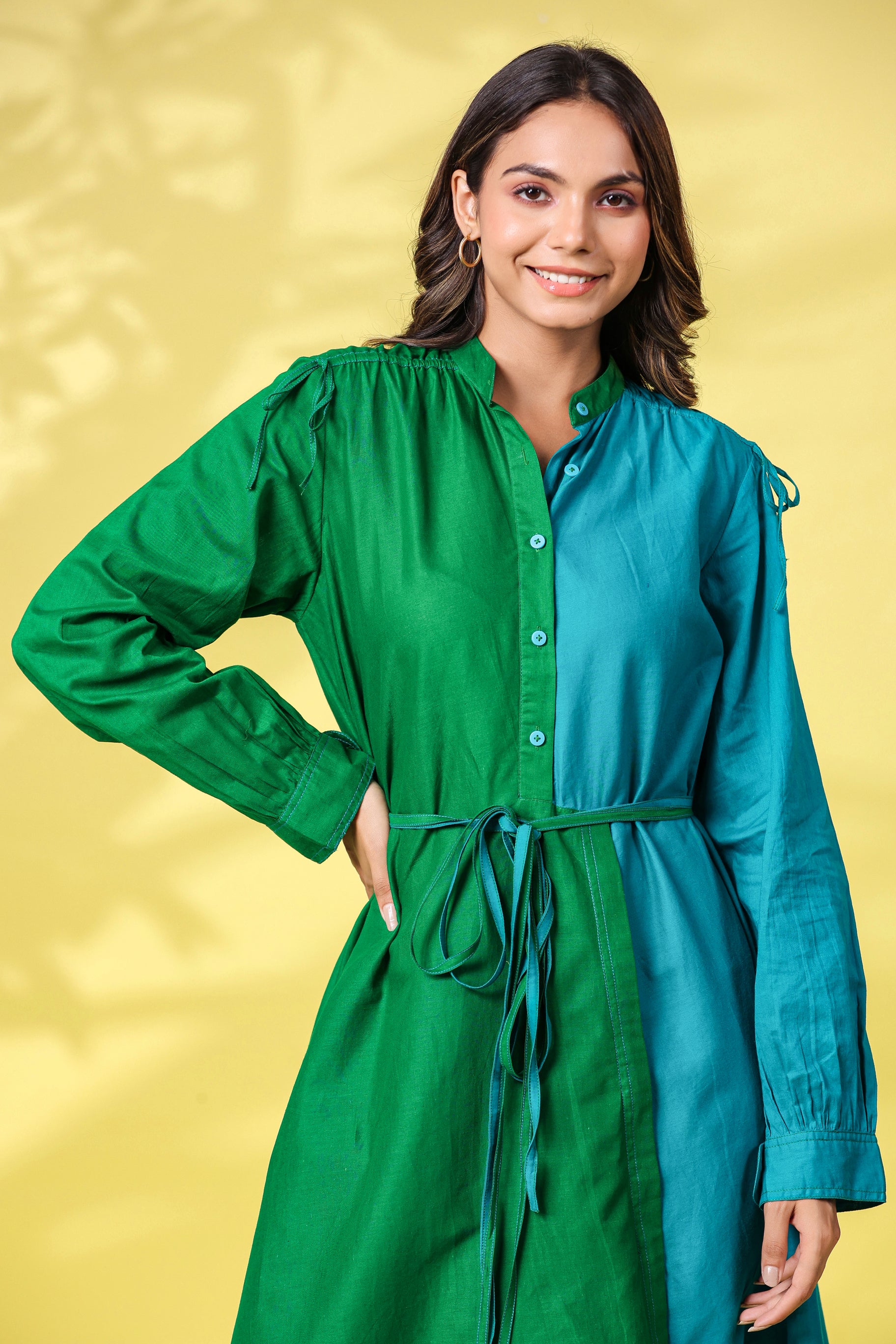 GREEN AND TEAL COLOBLOCKED HALF AND HALF ASSYMETRIC DRESS