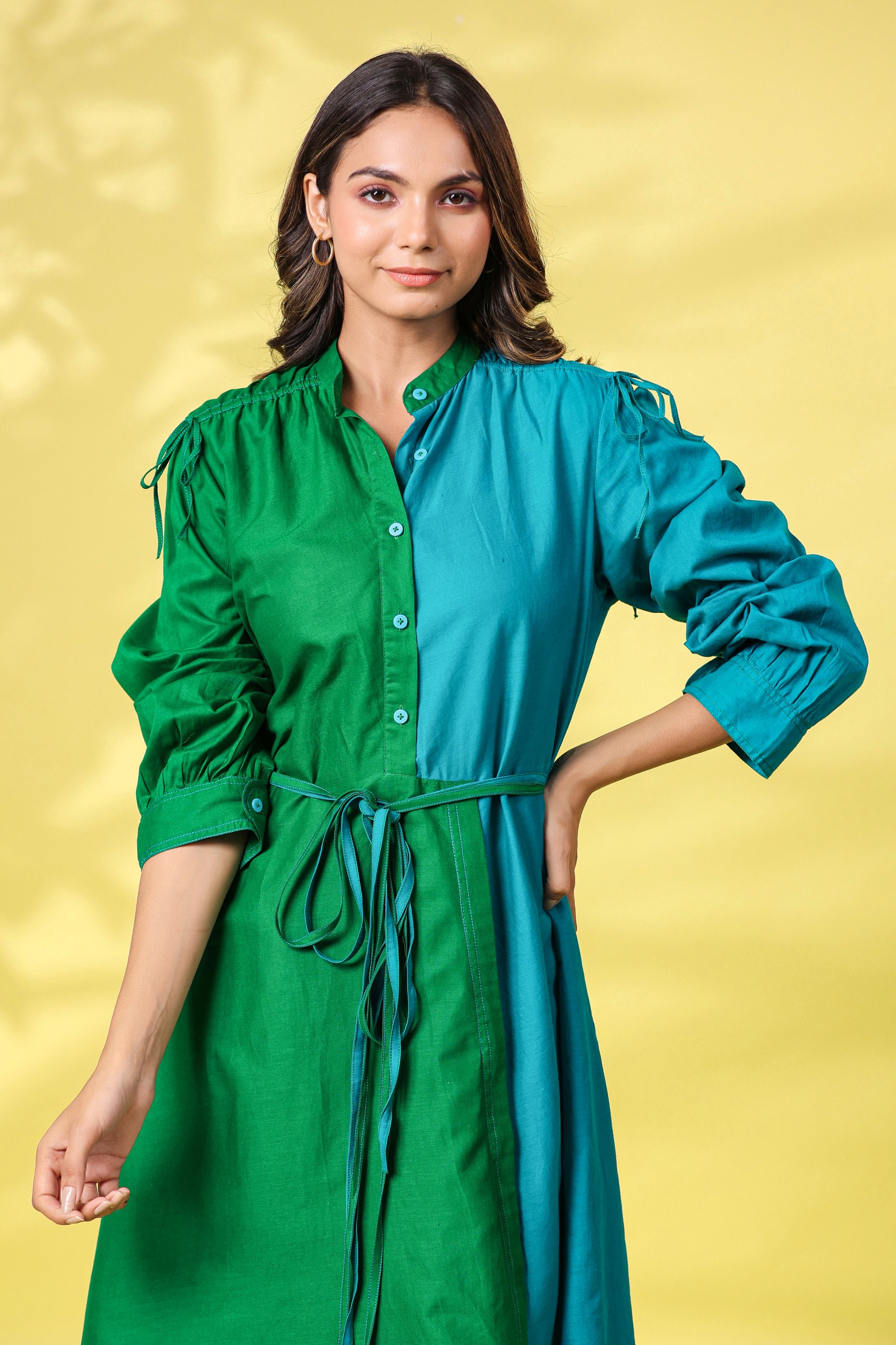 GREEN AND TEAL COLOBLOCKED HALF AND HALF ASSYMETRIC DRESS