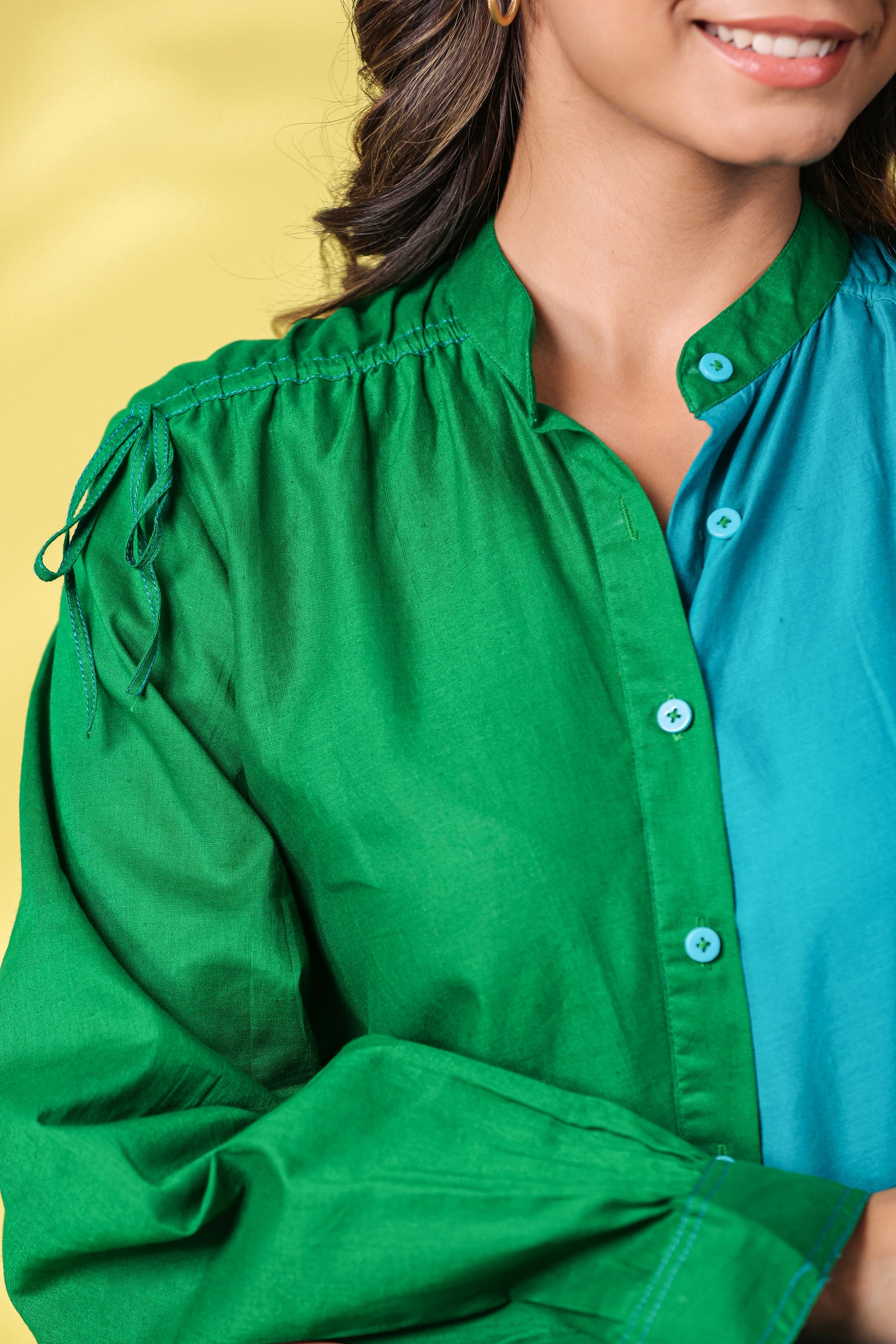 GREEN AND TEAL COLOBLOCKED HALF AND HALF ASSYMETRIC DRESS