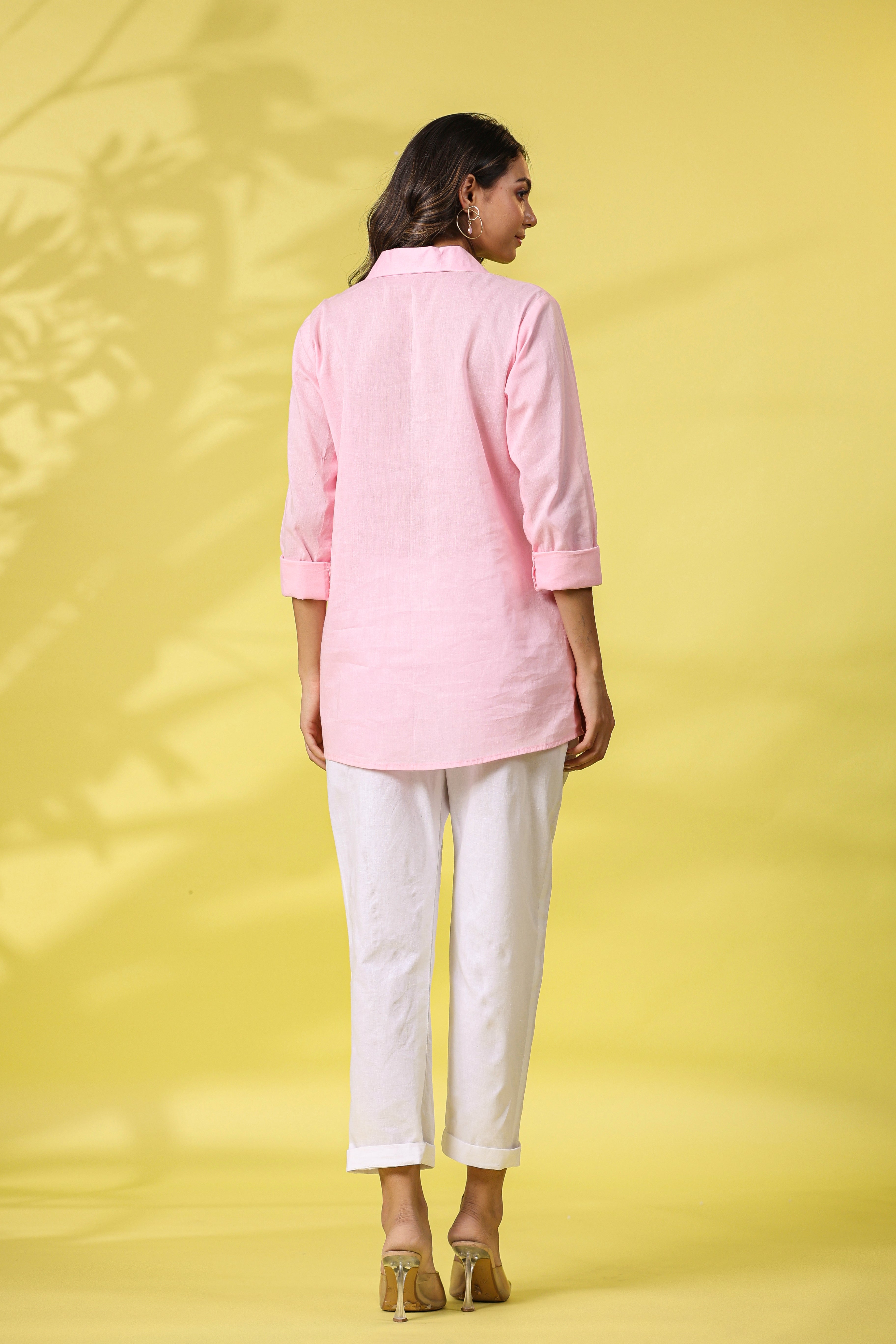 PINK RUCHED APPLIQUE SHIRT CO  ORD SET