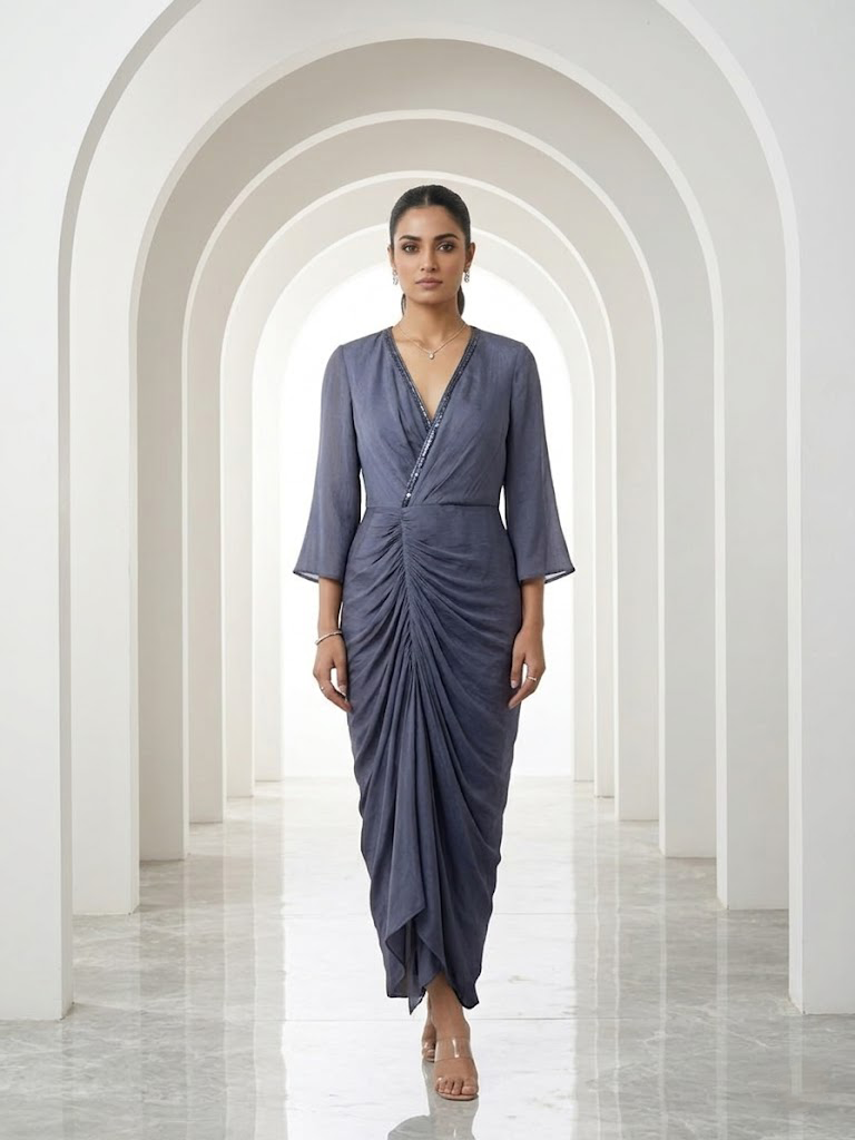 GREY DRAPED MIDI DRESS WITH RUCHED DETAIL.