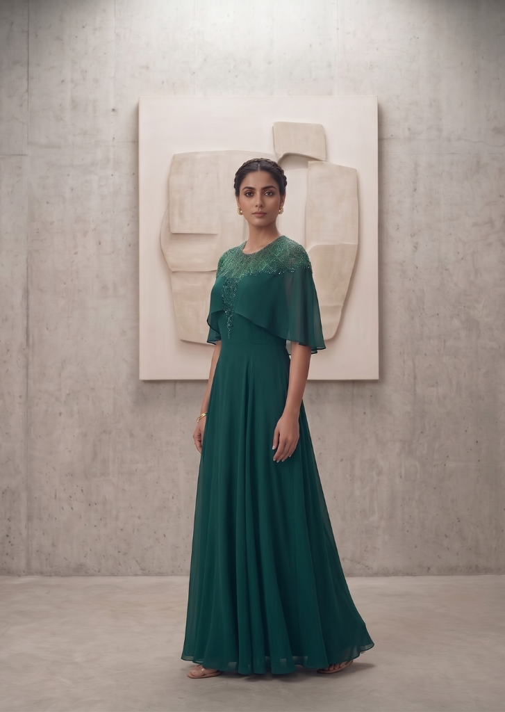 GREEN SEQUIN AND BEAD EMBELLISHED GOWN WITH SHEER NECKLINE.