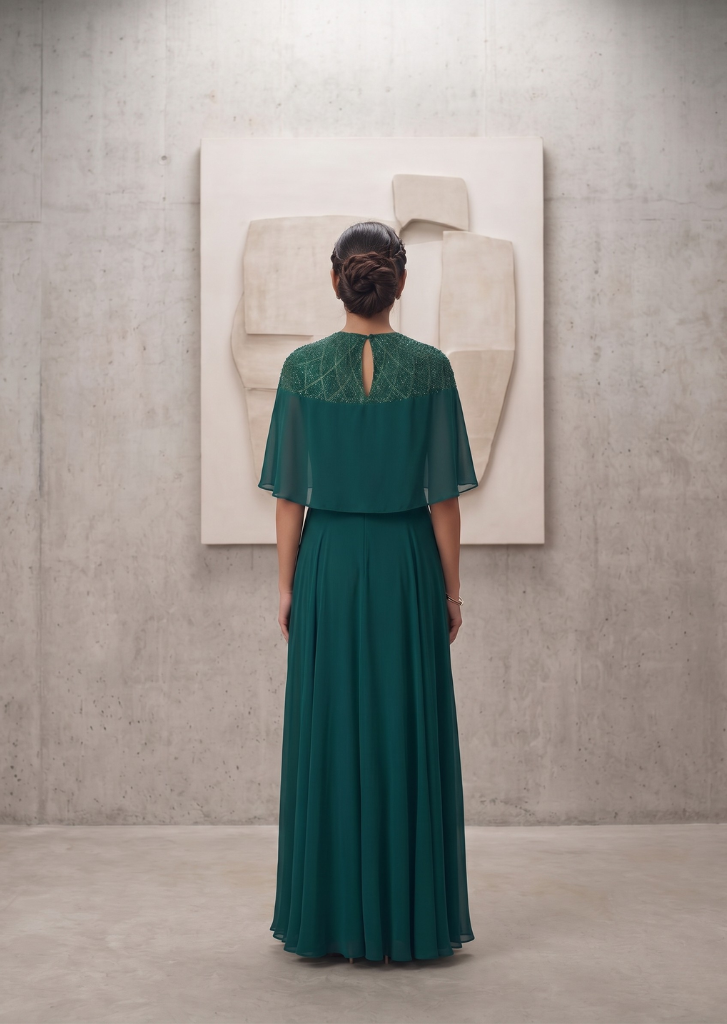 GREEN SEQUIN AND BEAD EMBELLISHED GOWN WITH SHEER NECKLINE.