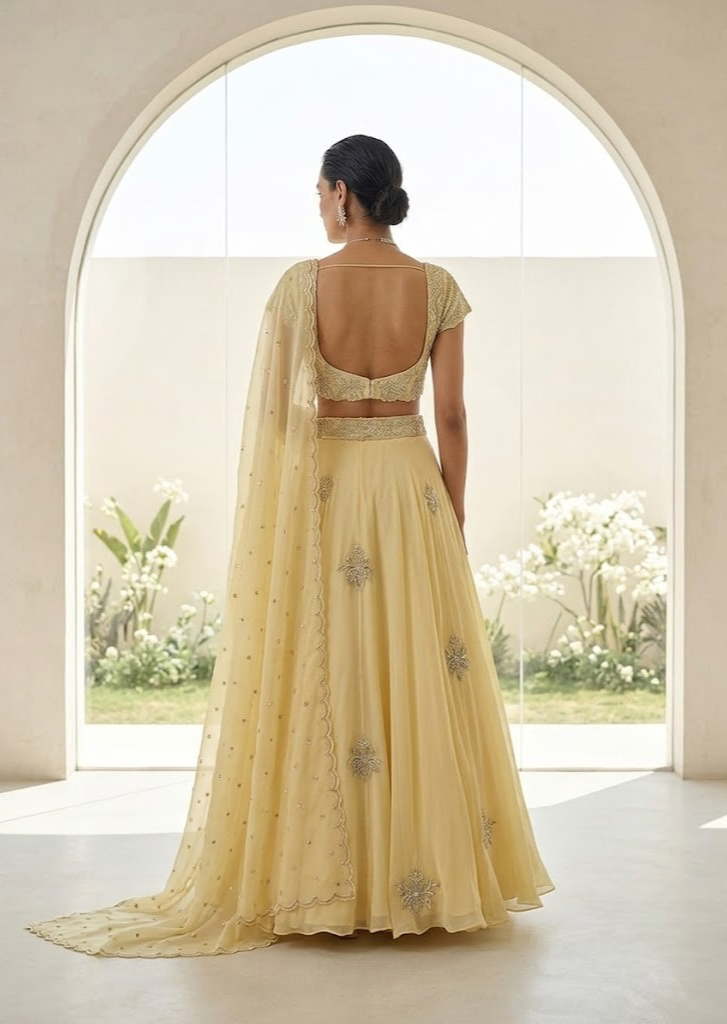 YELLOW EMBROIDERED LEHENGA BLOUSE WITH DUPATTA.