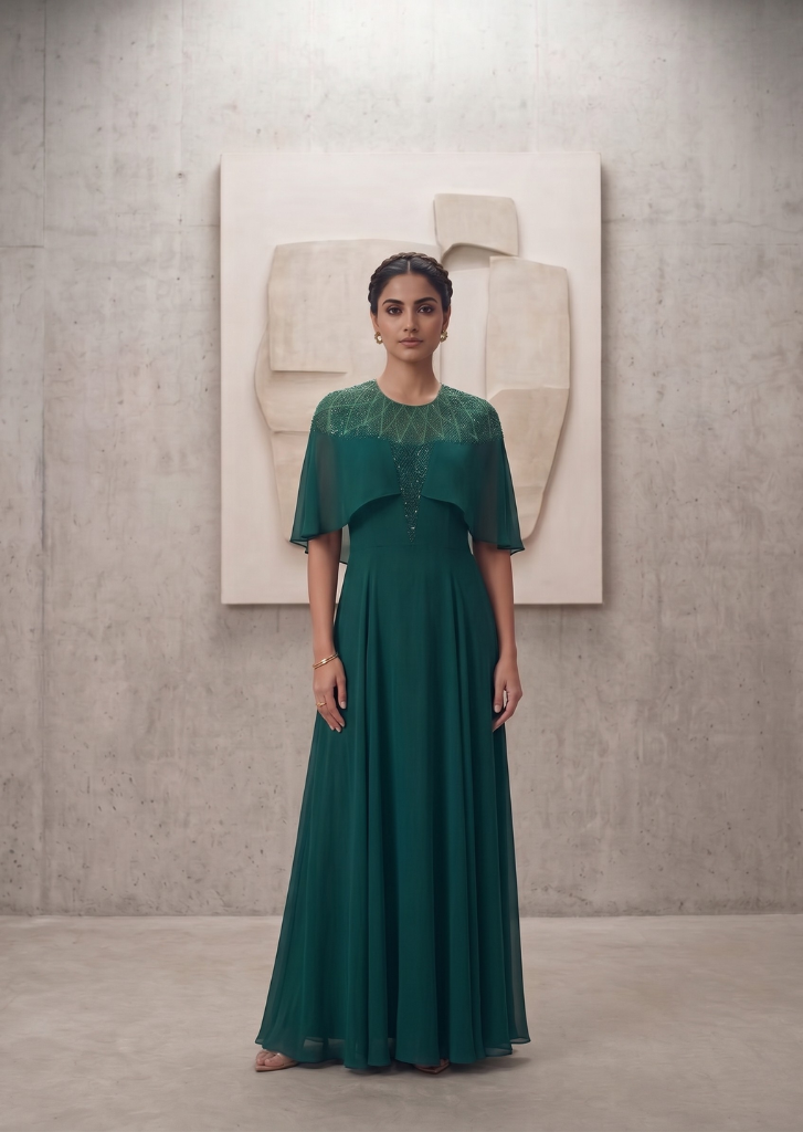 GREEN SEQUIN AND BEAD EMBELLISHED GOWN WITH SHEER NECKLINE.