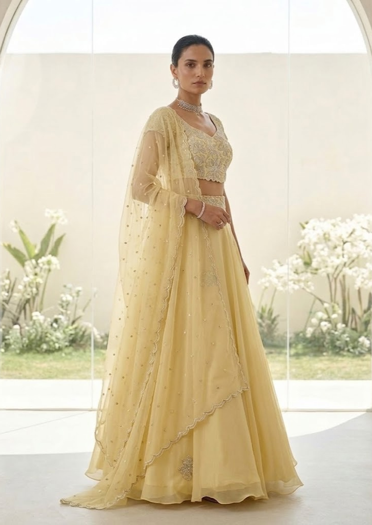YELLOW EMBROIDERED LEHENGA BLOUSE WITH DUPATTA.