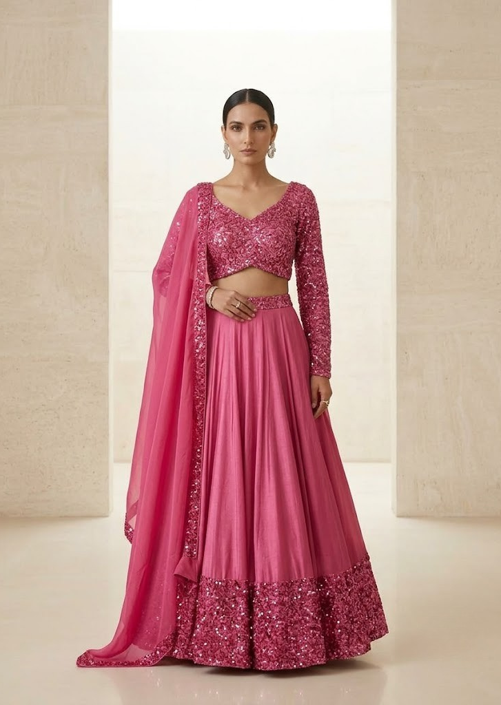 PINK SEQUIN EMBELLISHED LEHENGA SET WITH MATCHING BLOUSE AND DUPATTA.