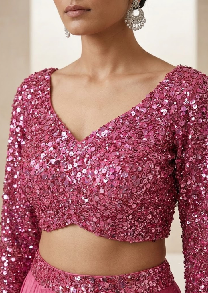 PINK SEQUIN EMBELLISHED LEHENGA SET WITH MATCHING BLOUSE AND DUPATTA.