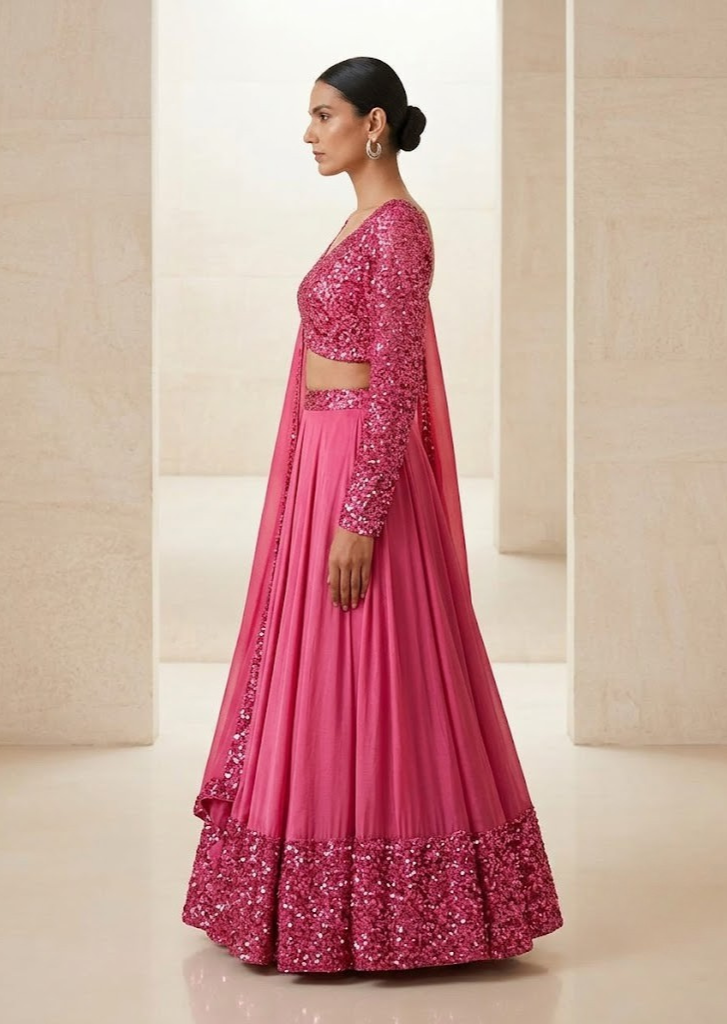 PINK SEQUIN EMBELLISHED LEHENGA SET WITH MATCHING BLOUSE AND DUPATTA.