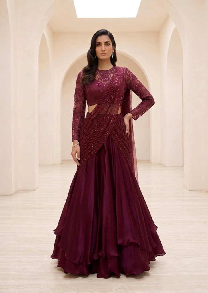 WINE EMBELLISHED LEHENGA SET WITH DRAPE DETAIL.
