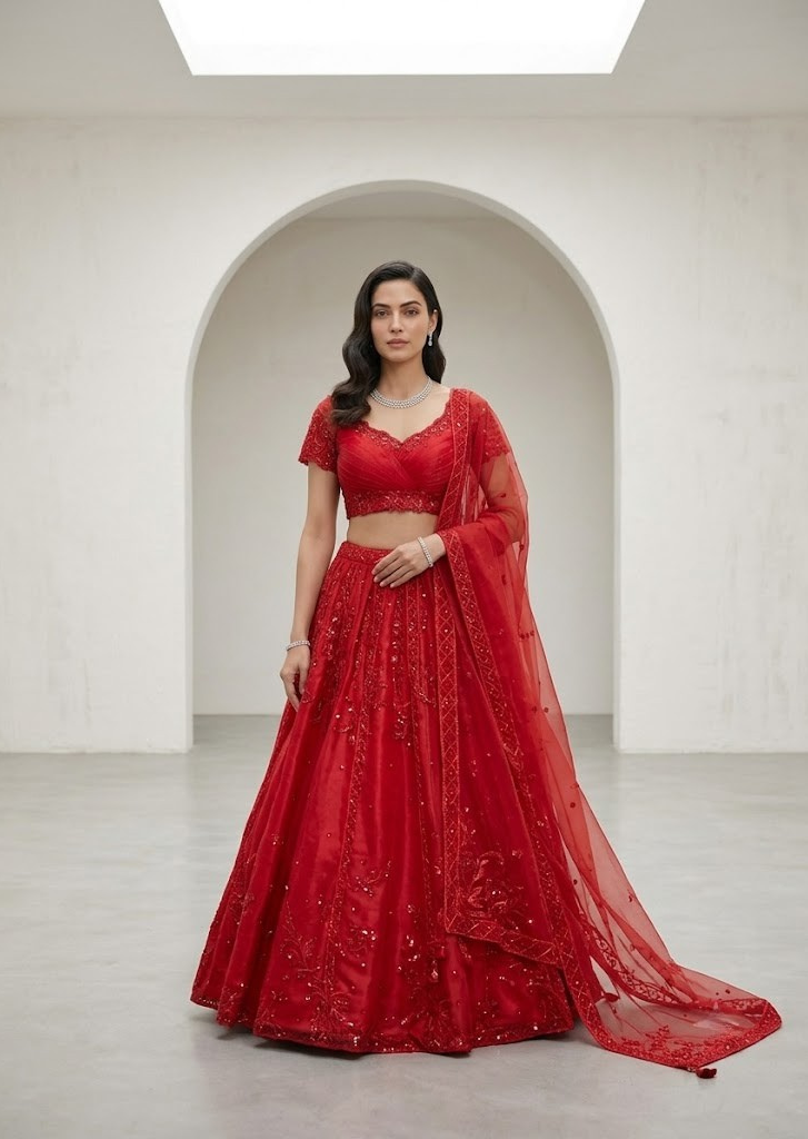 ORGANZA RED EMBROIDERD LEHENGA SET