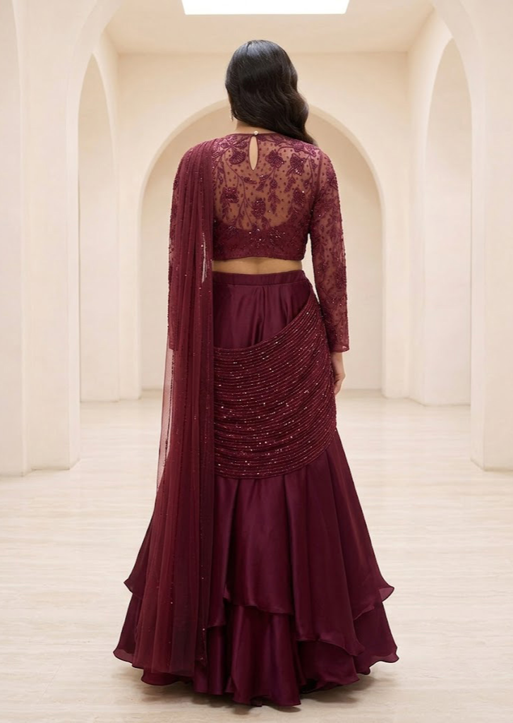 WINE EMBELLISHED LEHENGA SET WITH DRAPE DETAIL.