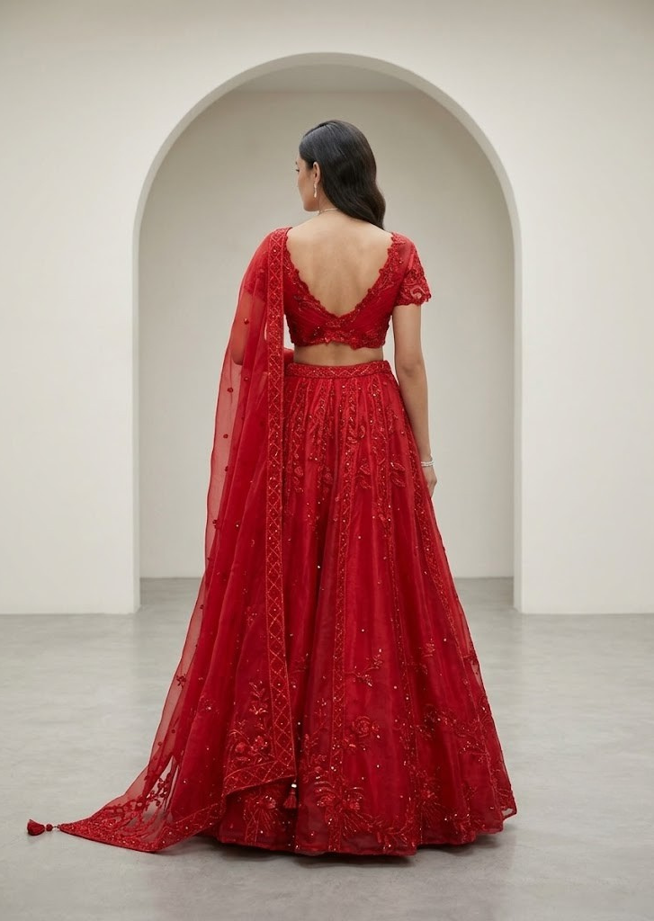 ORGANZA RED EMBROIDERD LEHENGA SET