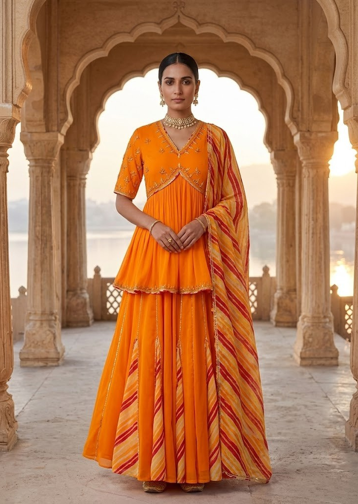 MANGO YELLOW GOTA PATTI SHARARA LEHENGA AND LEHERIYA DUPATTA