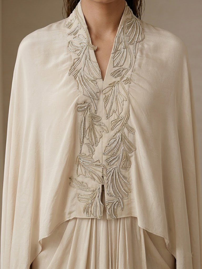 OFF WHITE EMBELLISHED CAPE WITH DRAPED SKIRT.