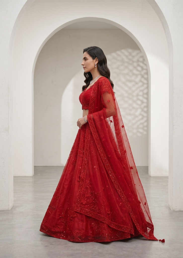 ORGANZA RED EMBROIDERD LEHENGA SET