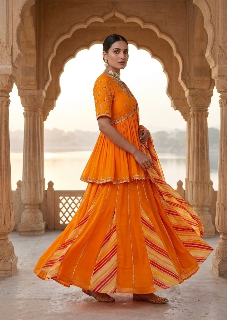 MANGO YELLOW GOTA PATTI SHARARA LEHENGA AND LEHERIYA DUPATTA