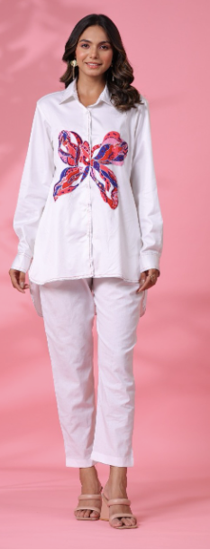 WHITE EMBELLISHED BUTTERFLY SHIRT CO ORD SET