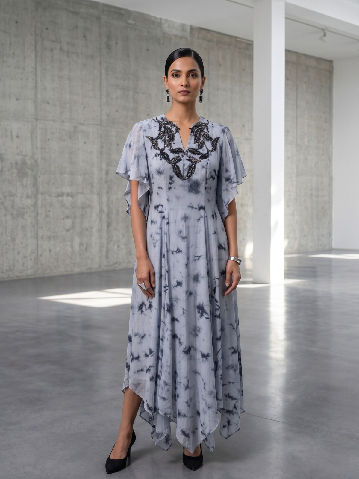 ELEGANT SKY BLUE MARBLE DRESS WITH WIRE EMBROIDERED NECKLINE.