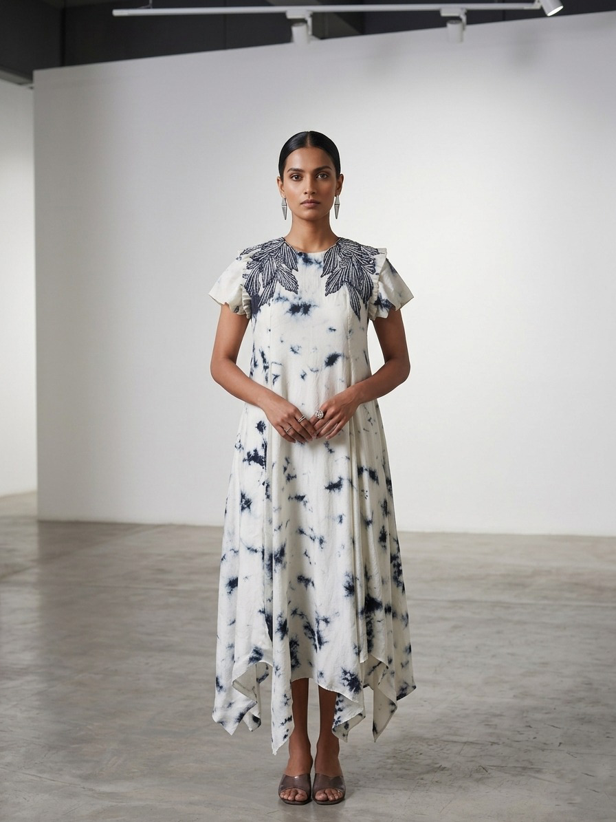 MARBLE PRINT SHORT-SLEEVE EMBROIDERED DRESS.