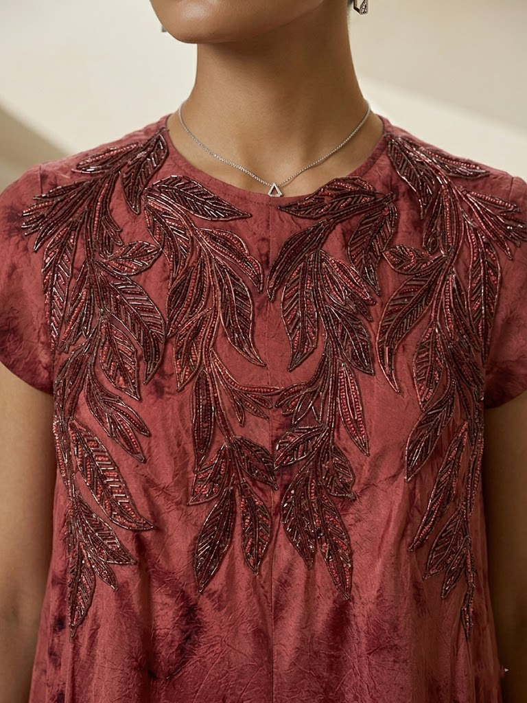 STYLISH DRESS WITH ELEGANT EMBROIDERY ON THE FRONT.