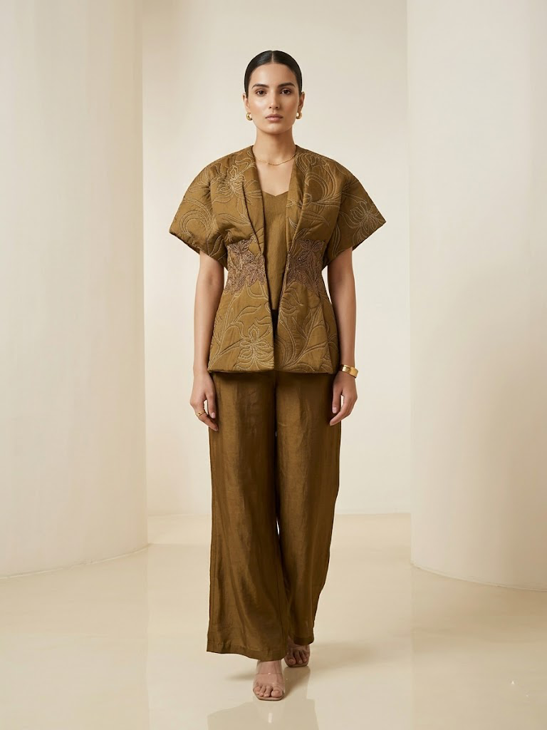 QUILTED EMBROIDERED JACKET WITH INNER & PANTS SET.